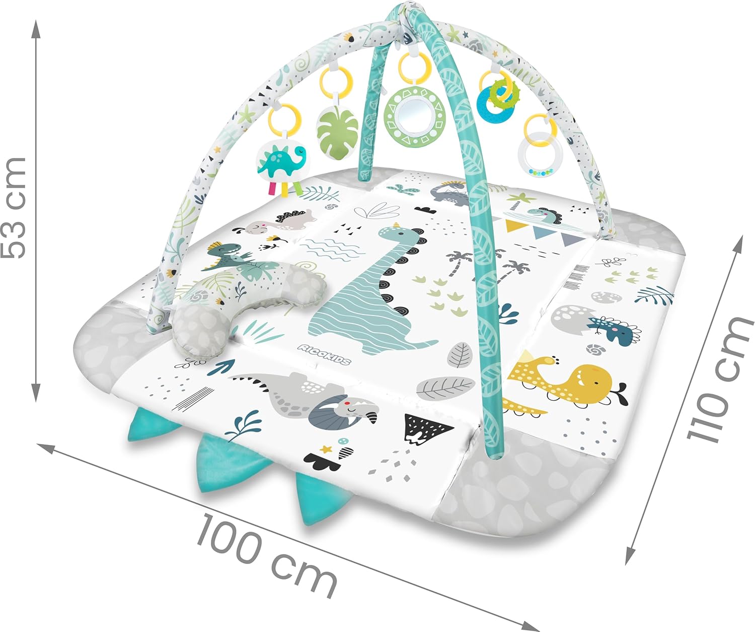 Diagram showing the dimensions of the Ricokids play mat: 100 cm length, 110 cm width, 53 cm height