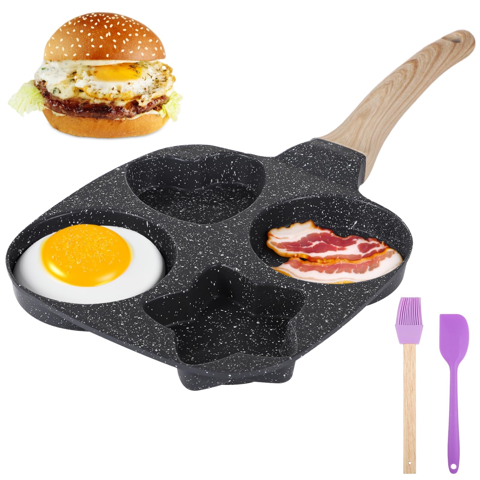 4-Fach Eierpfanne, antihaftbeschichtete Frühstückspfanne für Steak und Mini-Teigtaschen, Pfannkuchenpfanne mit Formen, Silikonpinsel und Spatel, Hitzeschutzgriff, für Induktion und Gasherde