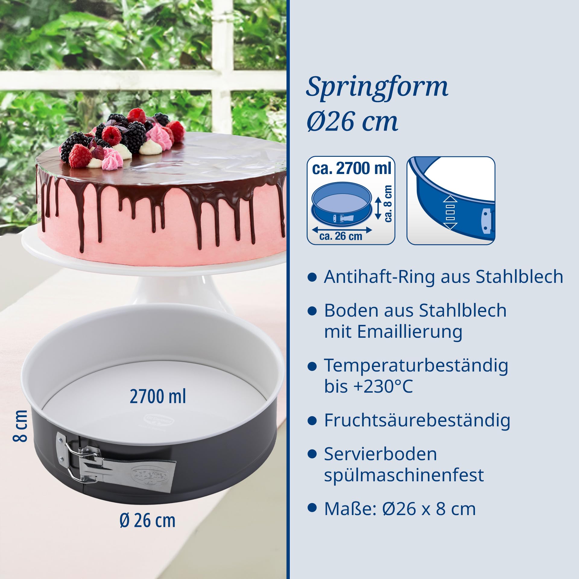 Dr. Oetker Molde de 26 cm de diámetro exclusivo tradicional para deliciosos moldes para tartas con sellado esmaltado (color gris/marrón/crema)