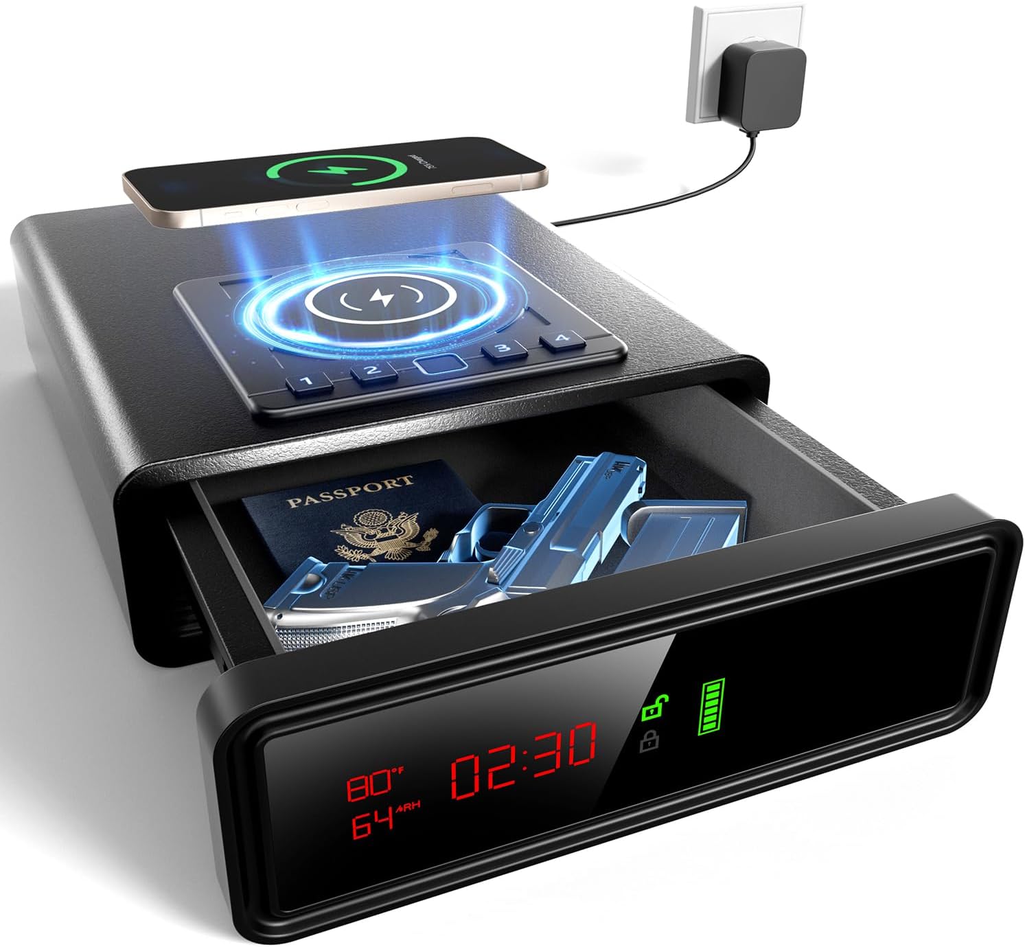 Biometric Sensible Secure with Wi-fi Charging for Telephone and Watch, Fast Entry Stopbox with Backlit Keypad,Auto Open Drawer Gun Lock Field with Humidity,Temperature, Digital Clock,LED Display screen 1PCS