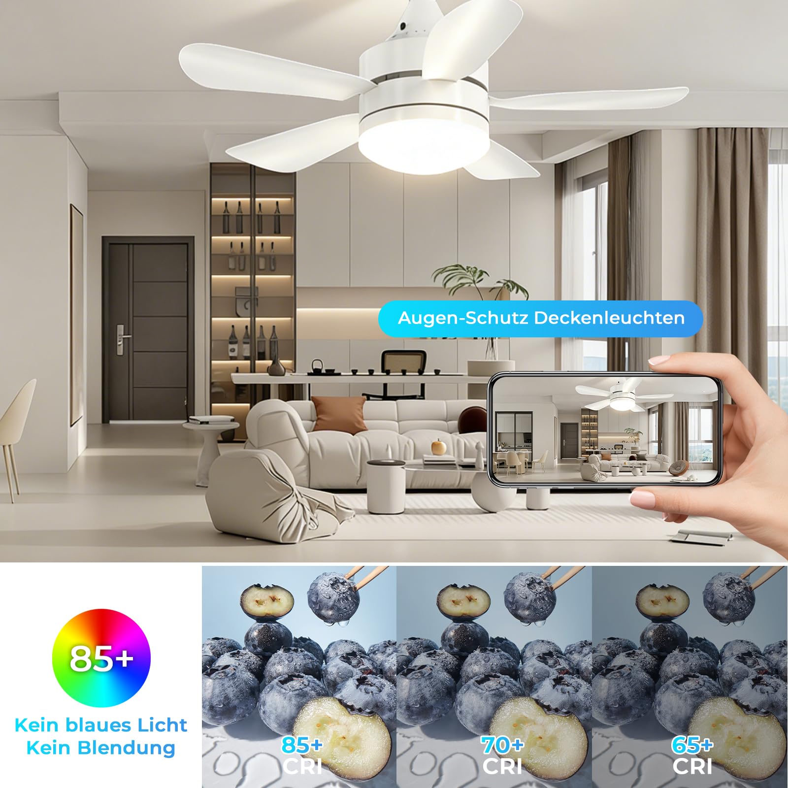 Ventilateur de plafond avec lumière et télécommande – Lampe de plafond avec ventilateur, silencieux, CRI≥85, 45 cm, minuterie, 3000K-6500K dimmable LED – pour chambre, salle à manger, salon