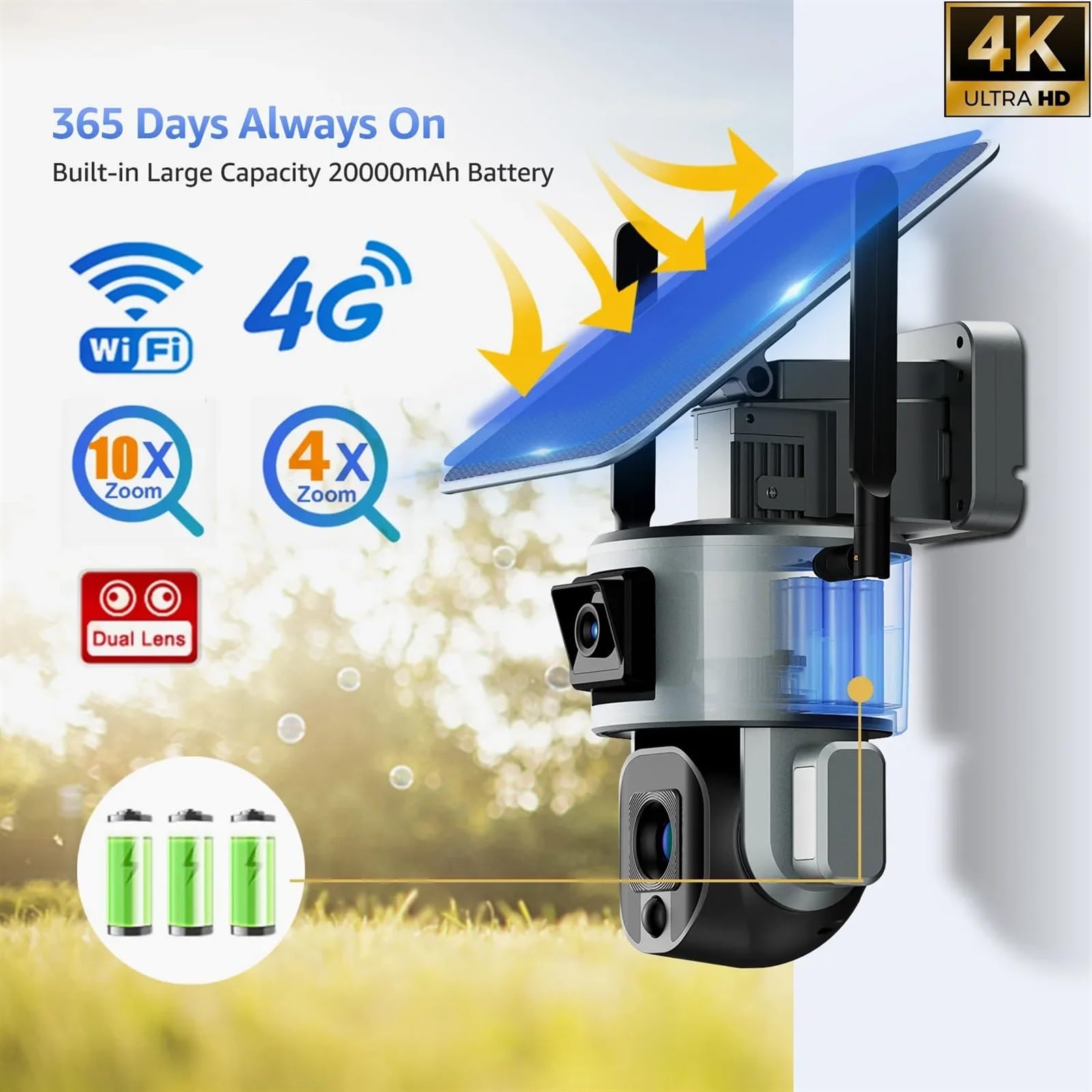 Caméra de sécurité, Caméra Solaire à Double Objectif 4K 8mp, Zoom 10X/4X, 4G SIM/WiFi, sécurité extérieure, Suivi humanoïde, Vision Nocturne Couleur(4G 4XZoom No Card)