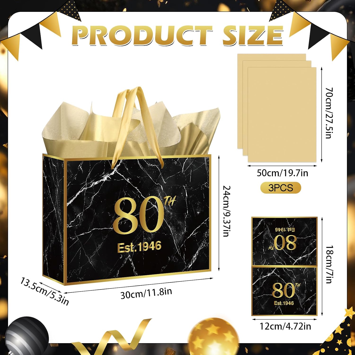 Yoirrat Black Gold 80 & Fabulous Birthday Gift Bag with Wrapping Tissue Paper & Card Large Est 1946 Marble Gift Bag for Men Women 80 Year Old Bday Party Supplies Favors for Grandpa Grandma image 3