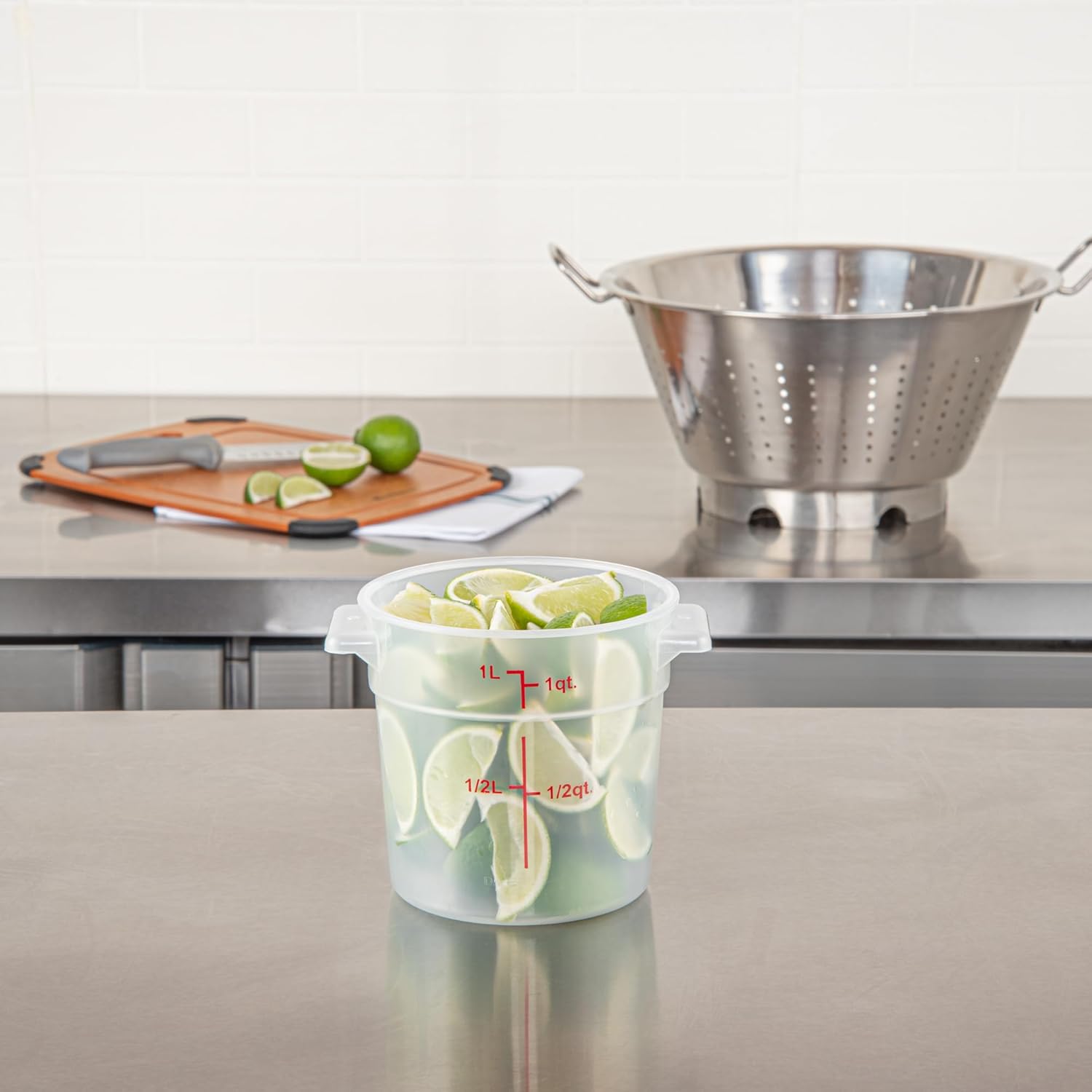 Restaurantware-Met Lux 1 Quart Food Storage Container, 1 Translucent Storage Container - Lids Sold Separately, Red Volume Markers, Dishwashable Container, Side Handles, For Storing Foods