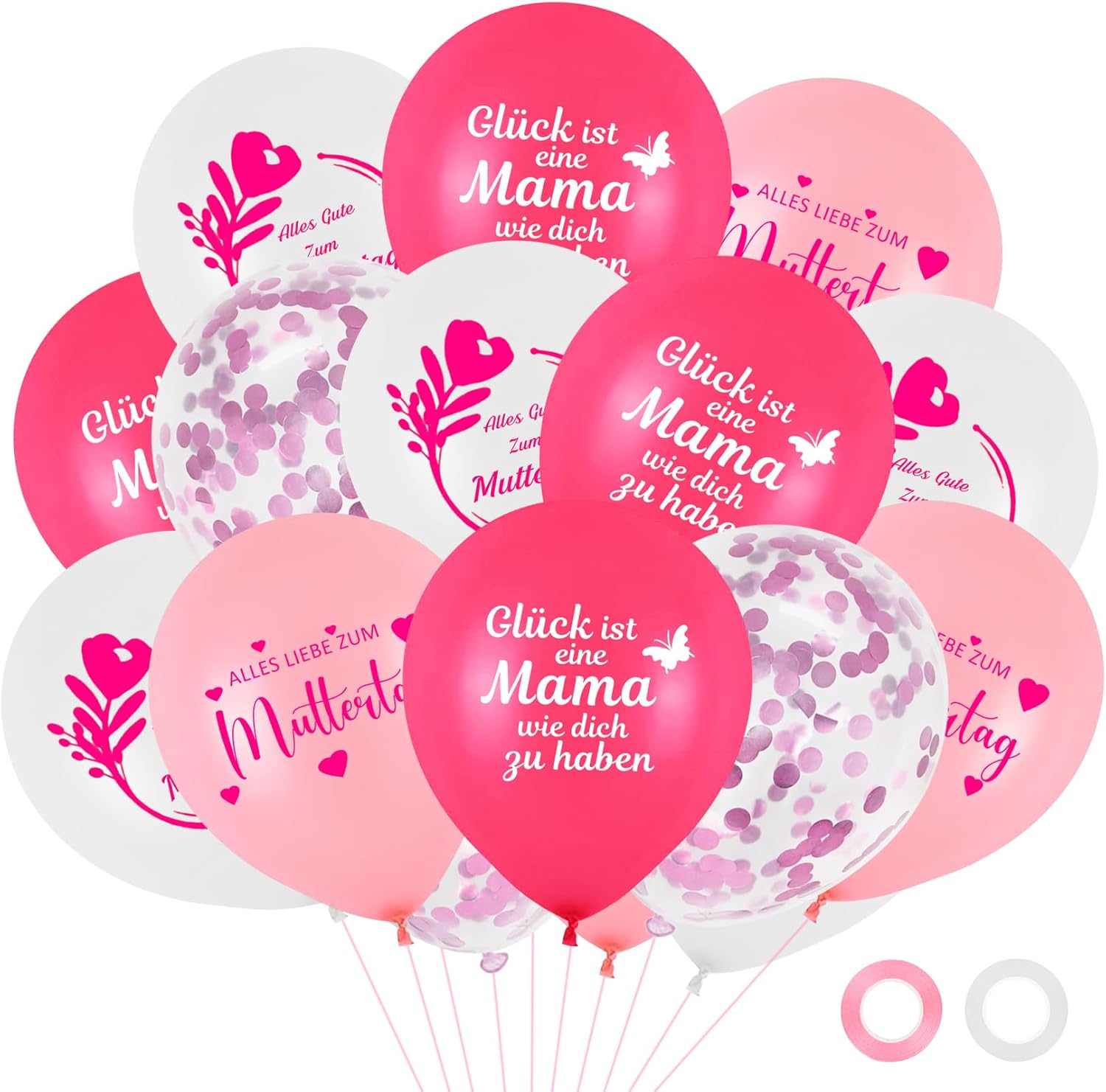 Alles Gute Zum Muttertag Balloons, Pack of 20 Pink White Latex Balloons, 12 Inch Alles Liebe zum Muttertag Deko Balloon, Glück ist eine Mama wie dich zu Haben Balloon, Gifts for Mother's Day Party