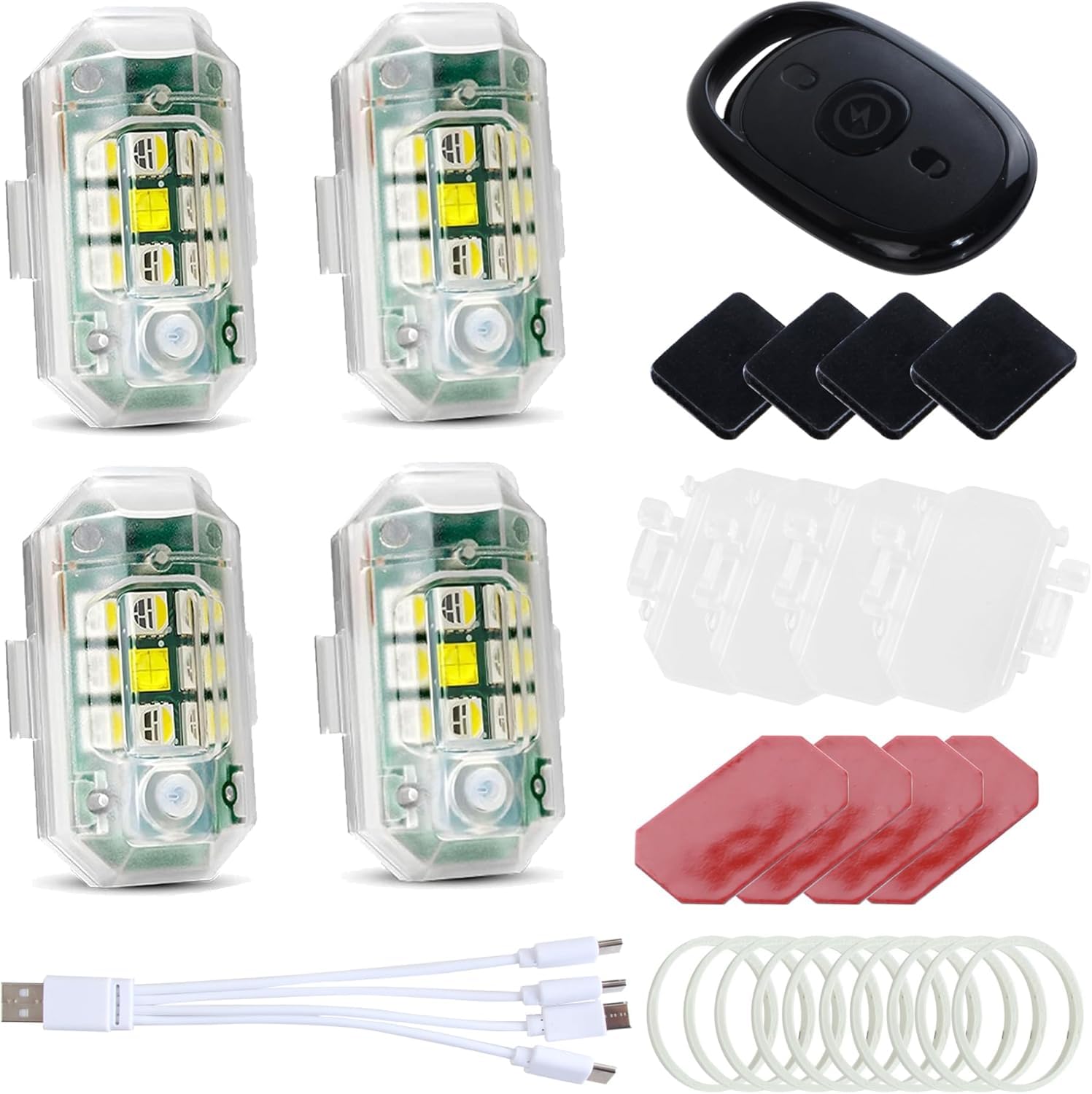 4 Luci Strobe LED Wireless con Telecomando - 7 Colori, Alta Luminosità, Ricaricabili USB, per Auto, Moto, Drone
