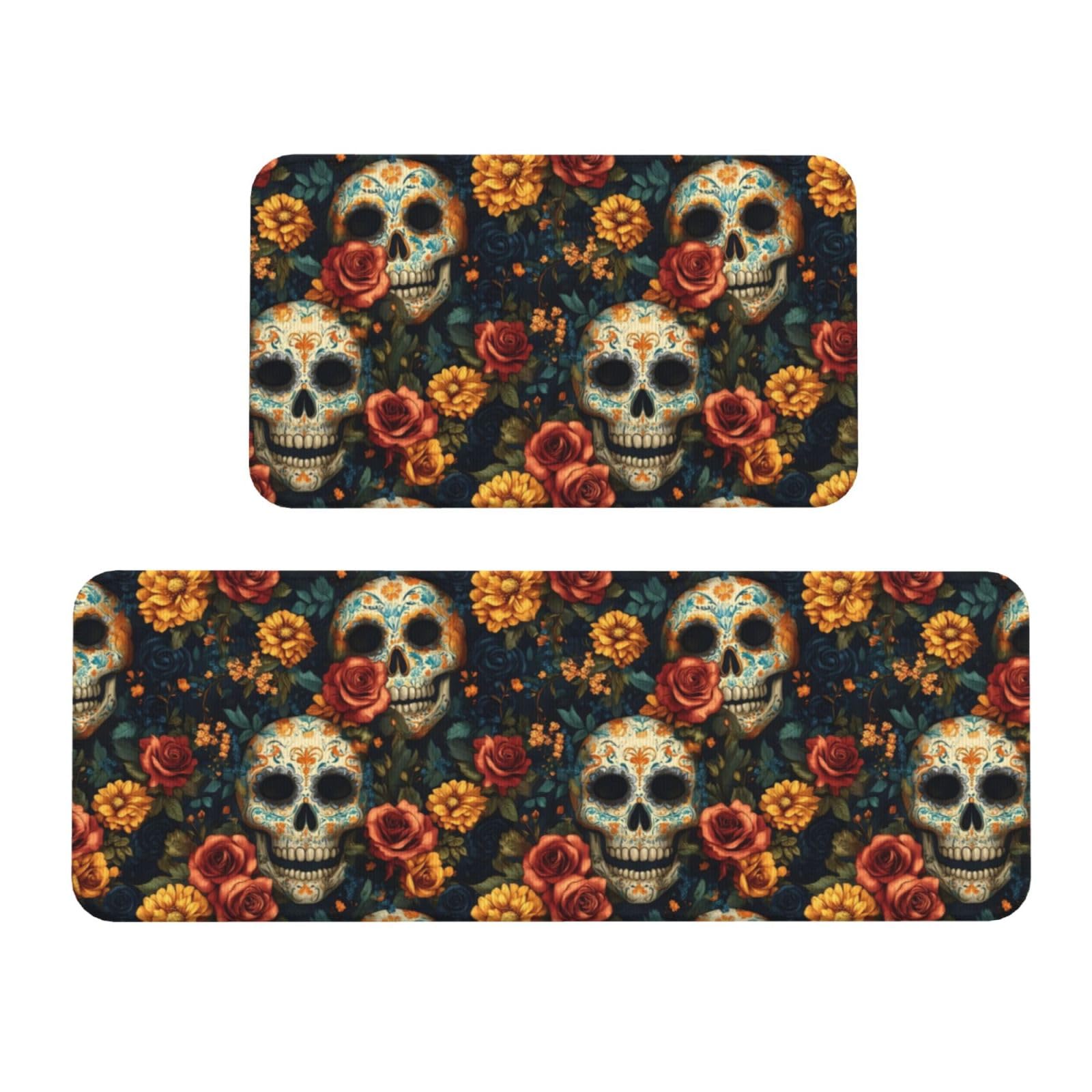 GVYGVY Antifatigue Kitchen Mats for Floor 2 Piece - Floral Skull A Print Kitchen Rugs Washable, Non Slip Runner Rug Standing Mat for Office/Bathroom/Laundry/Home Decor and Accessories