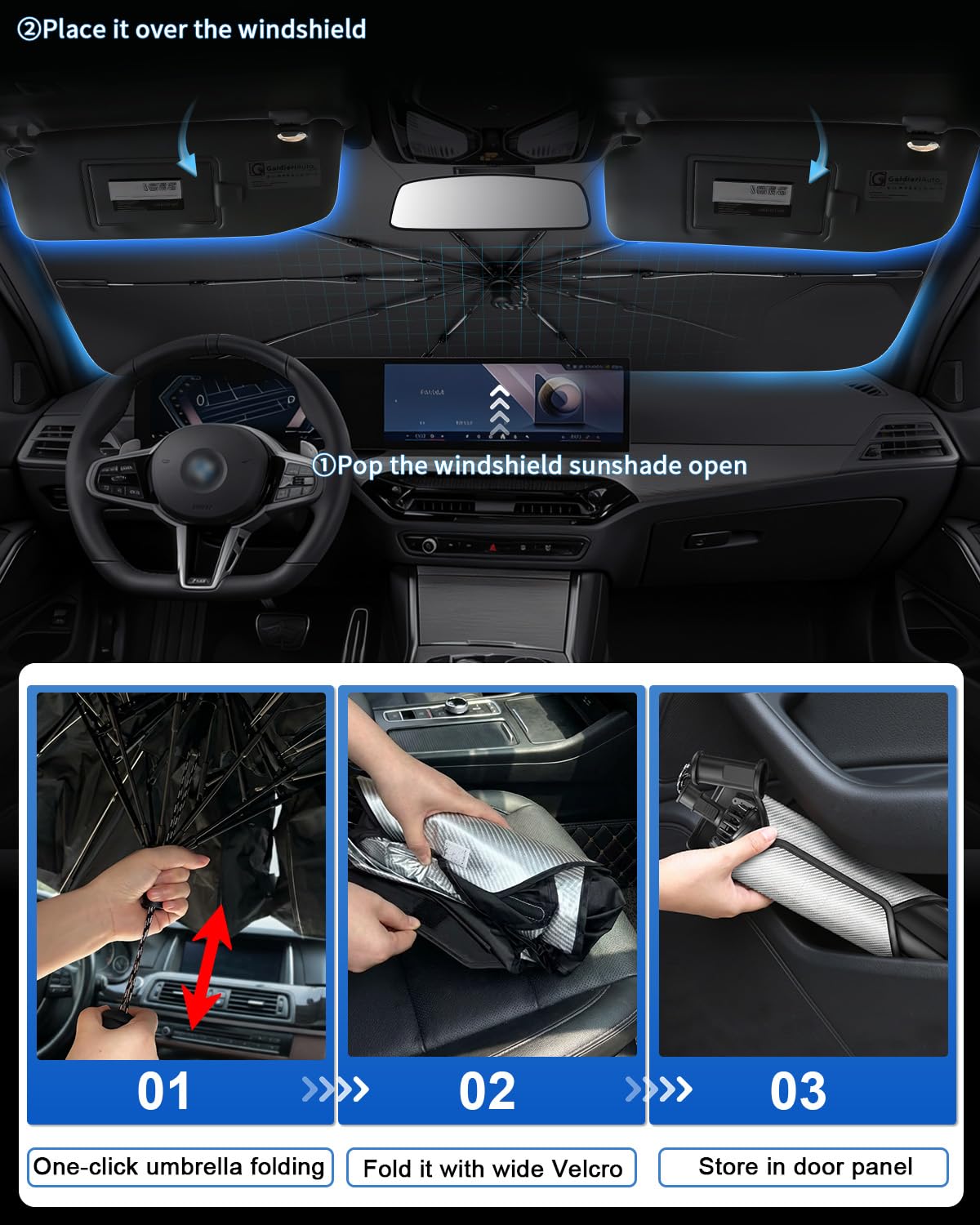 SHAOHAO Kompatybilny z BMW serii 3 G20 4 G22 i3 G28 2020-2026, ochrona przed słońcem do samochodu, osłona przeciwsłoneczna, łatwe przechowywanie, uchwyt sznurka, ochrona przed promieniowaniem UV