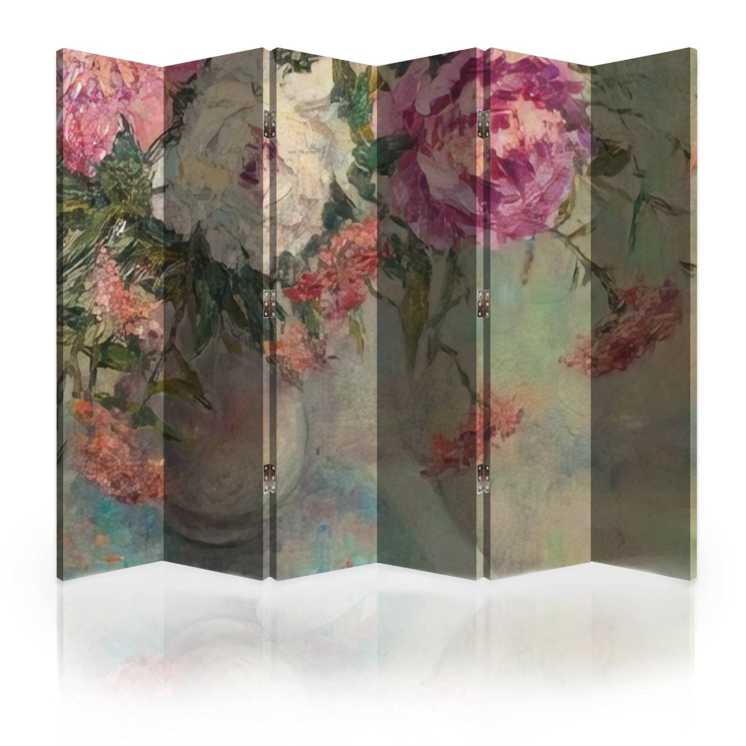 Canvas Room Divider Screen Background Drawing Painting Painted with Oil Paints Peonies Flowers Room Separator Folding Screen Privacy Partition Wall Dividers 6 Panels, Multicolor 6