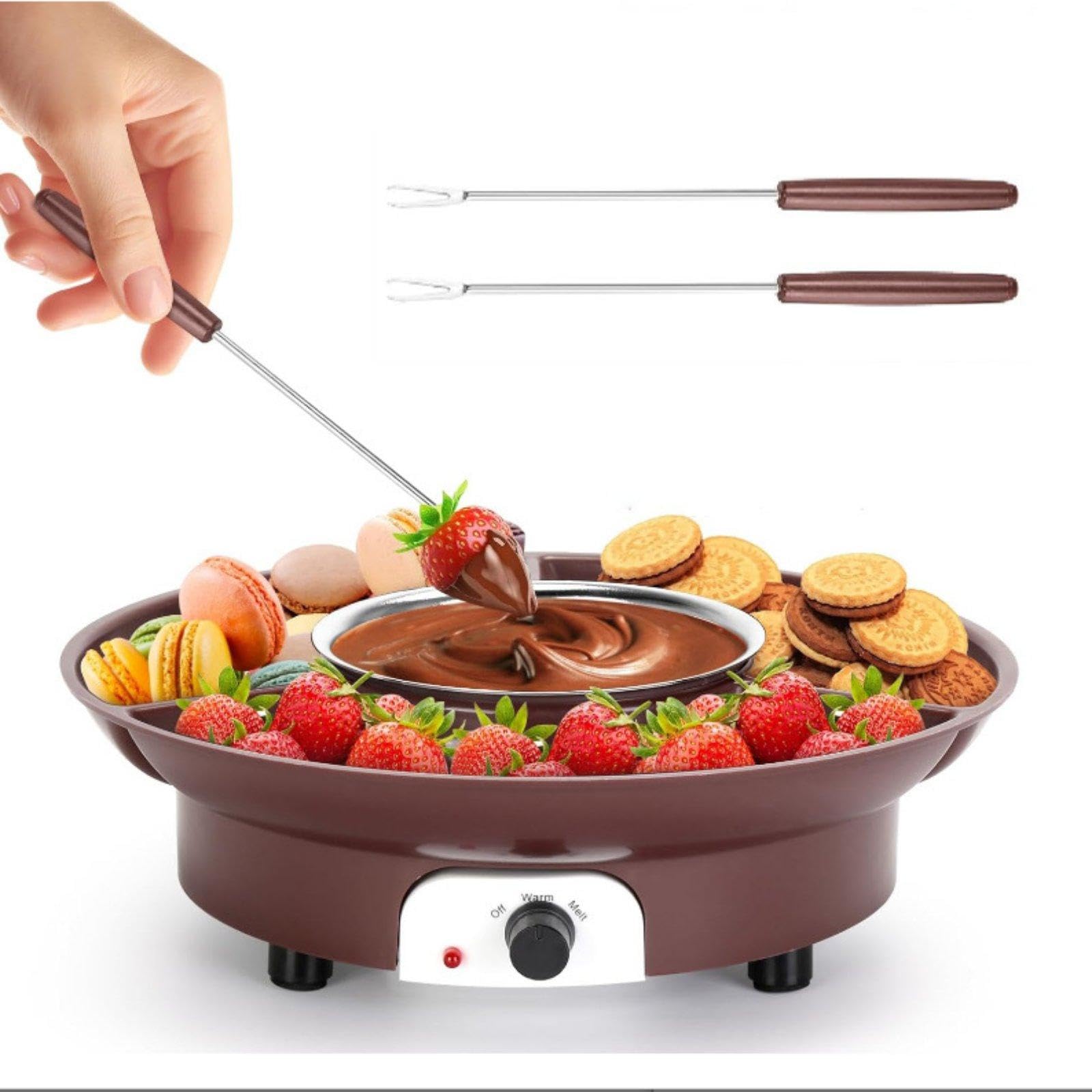 Electric Chocolate Fondue Set 2 Temperature Settings Chocolate Melting Pot with Serving Tray Fun Party Activity Dessert Dipping Station for Kids, Home Brown Us Plug-image-2