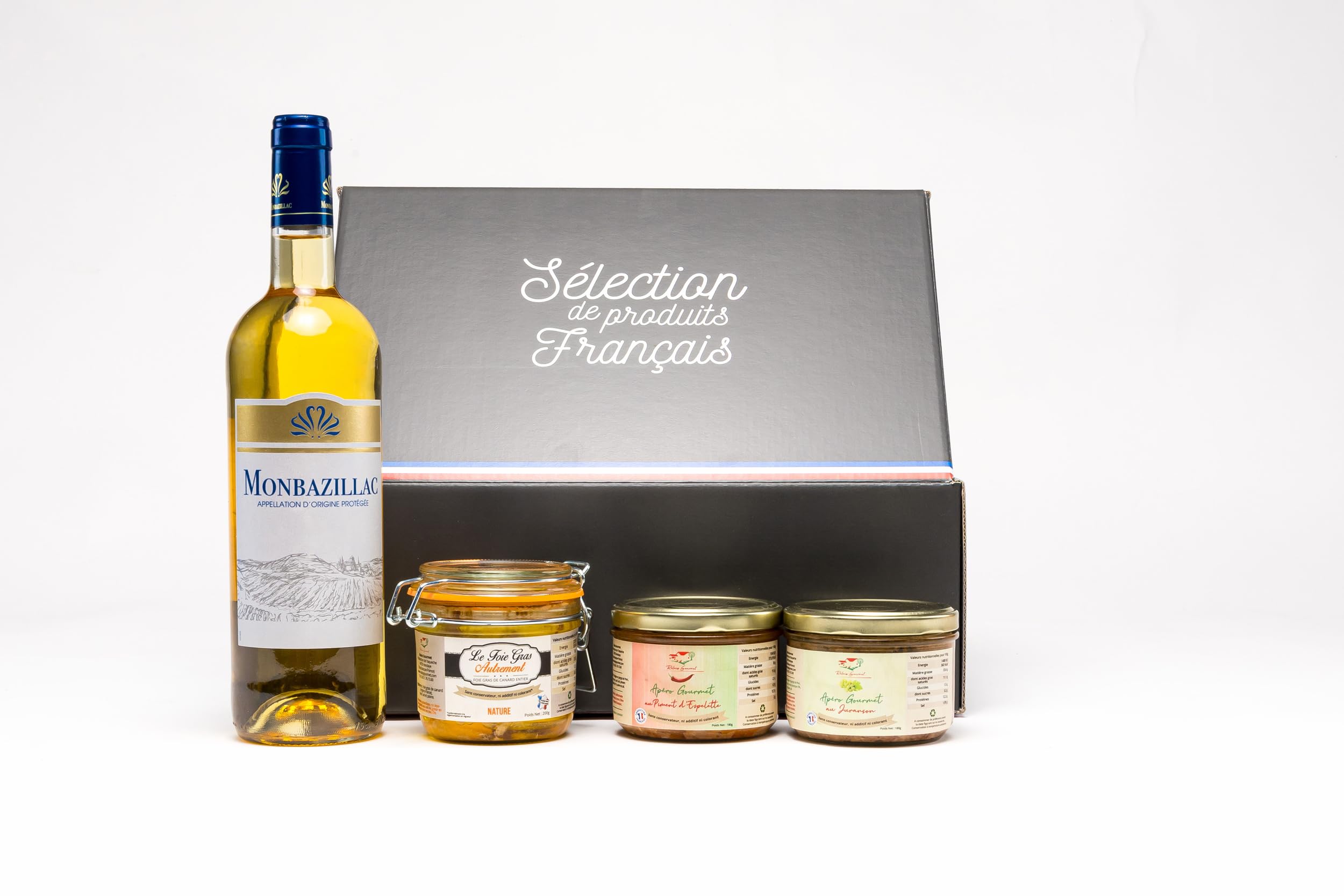 Abadia Geschenkset Relais Gourmet – Ganzes Foie Gras, Gourmet-Aperitifs mit Jurançon & Espelette Chili, Weißwein Monbazillac 750ml, 100% französisch, ohne Konservierungsstoffe, Feinkost Geschenk
