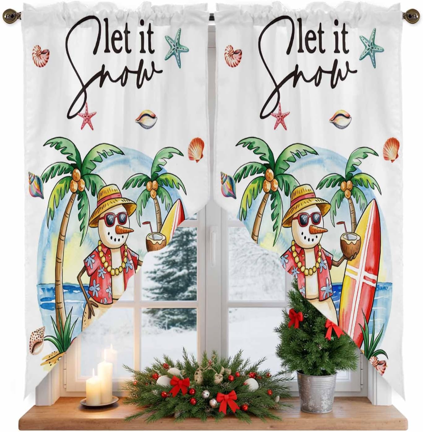 Christma Swag Curtains 36 Inches Long for Living Room, Bathroom, Kitchen, Bedroom Windows Drape Curtains Rod Pocket Cafe Drapery Panels, Rustic Summer Beach Snowman Starfish 28''x36'' *2