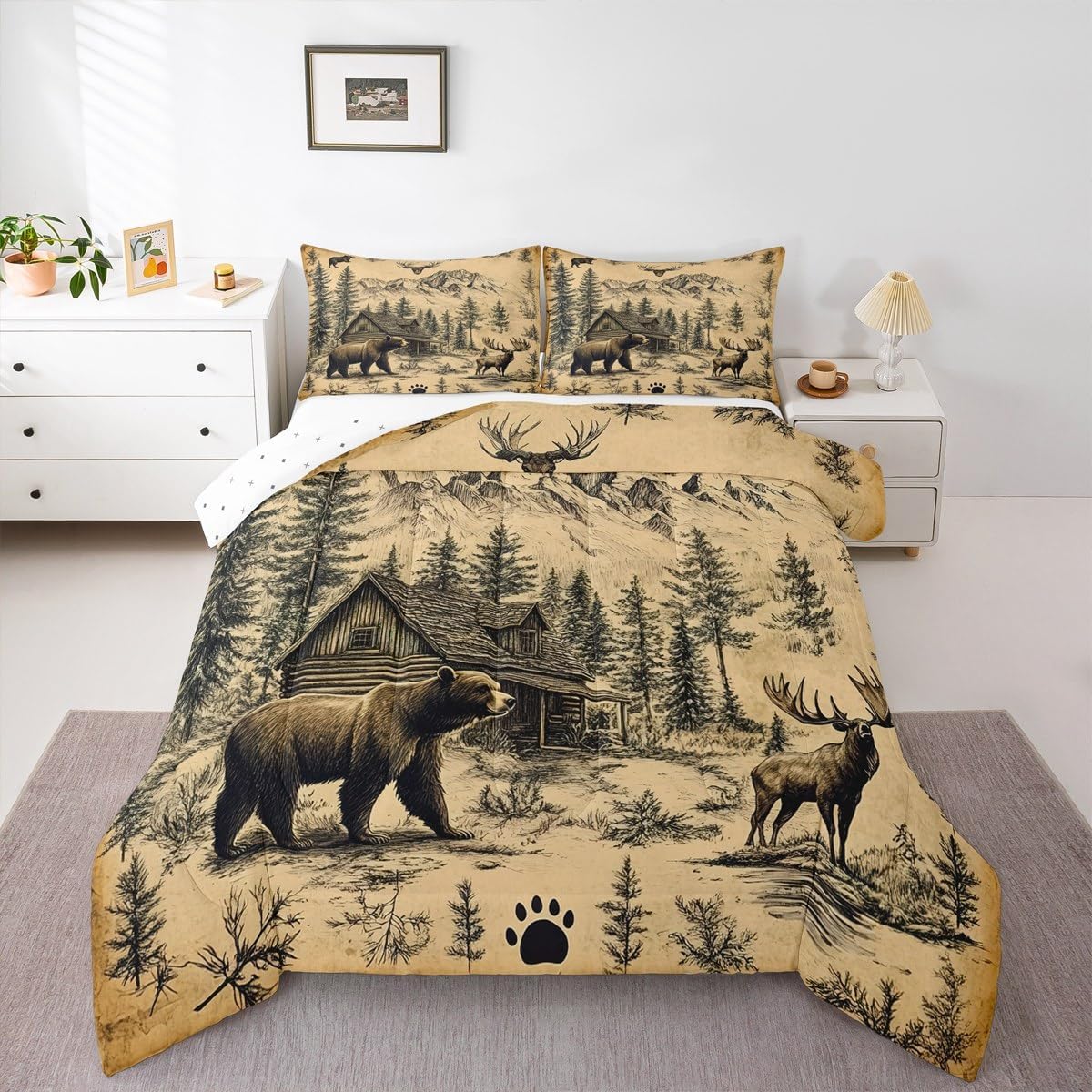 Lodge Cabin Comforter Set Woodland Animals Bedding Set Twin,Wildlife Bear Moose Elk Deer Quilt Farmhouse Cottage Reindeer Duvet Insert,Vintage Pine Trees Rustic Home Decor