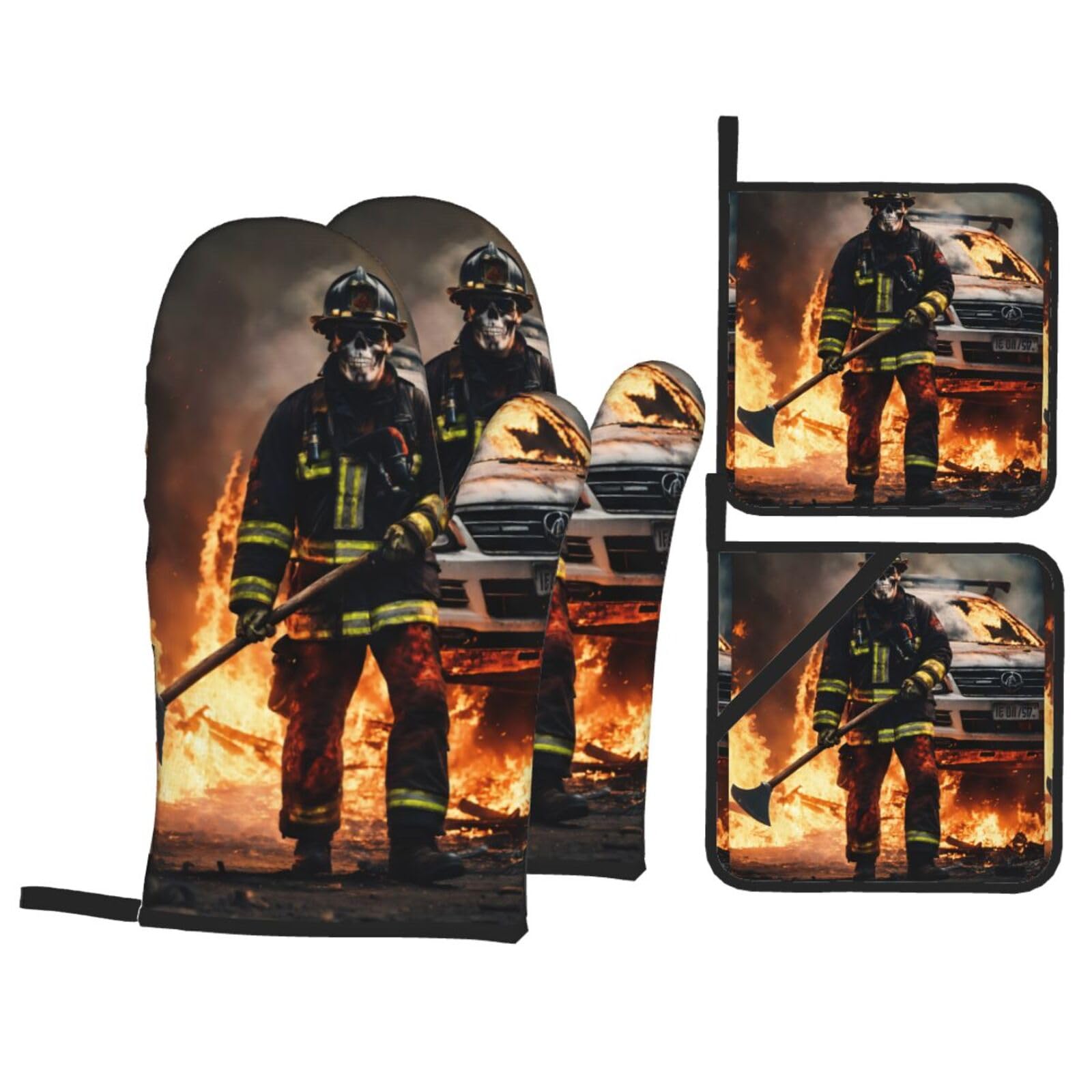 Firefighter Fireman Flame Print Kitchen Oven Mitts And Pot Holders Set,Hanging Loop Design For Cooking Baking Bbq