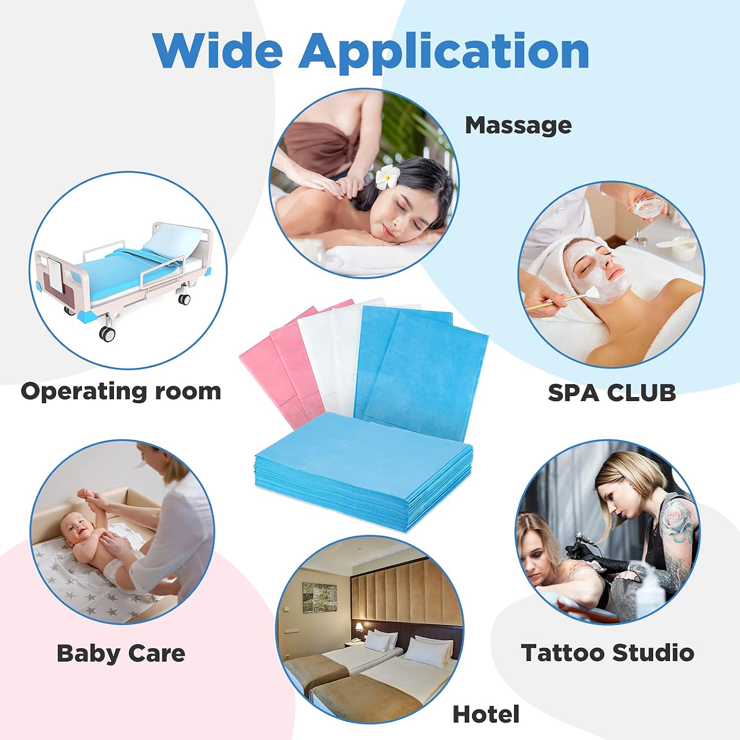 60 Pcs Disposable Bed Sheets 31" x 70" Massage Table Sheets Waterproof Oilproof Non Woven Fabric Spa Bed Cover Breathable for Massage Beauty Salon, Hotels(Pink, Blue, White)