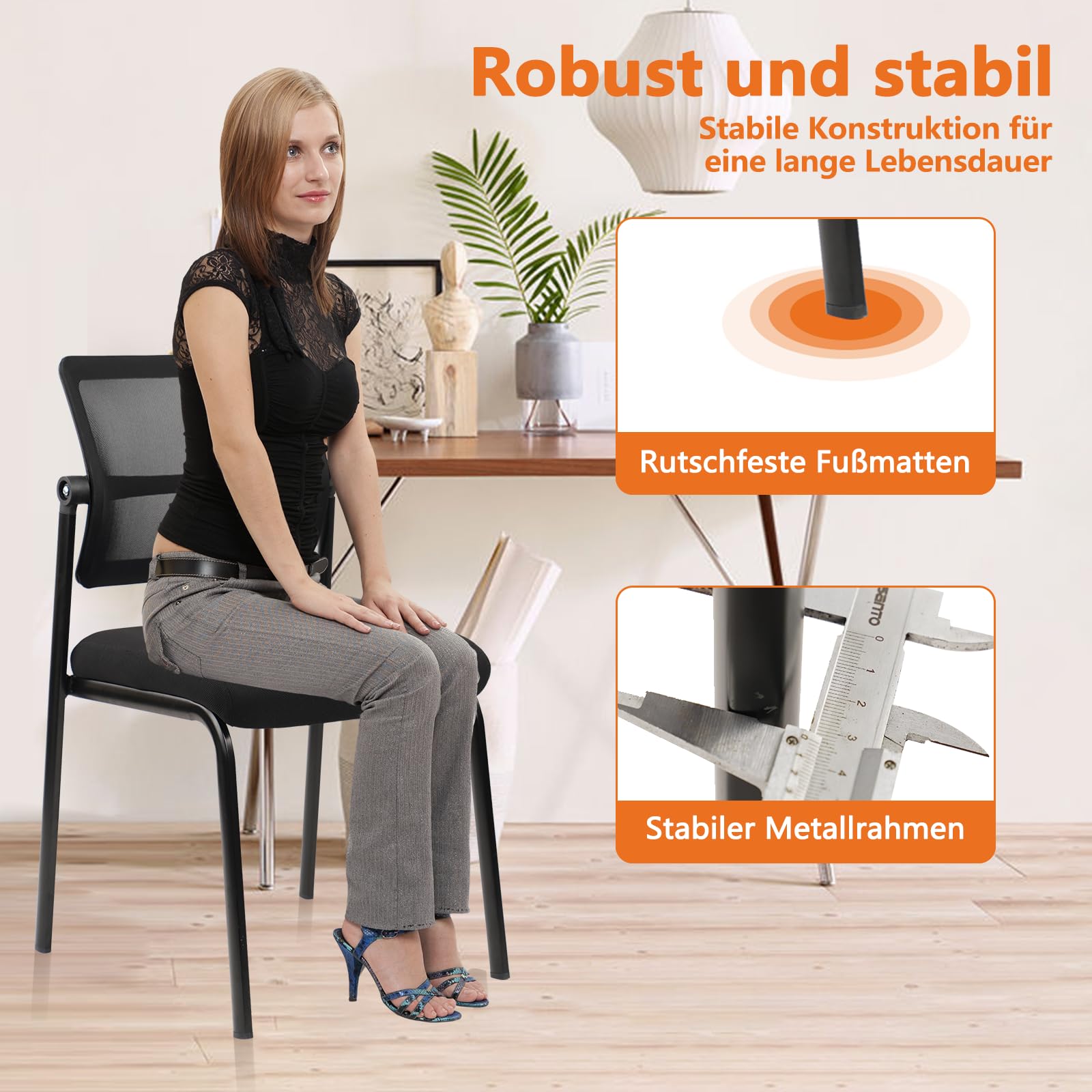 CLATINA Stapelbarer Besucherstuhl ohne Armlehnen mit Verstellbarer Mesh-Rückenlehne ergonomischer Lendenunterstützung für Konferenz Wartezimmer Lobby Schule Schwarz 1er Pack