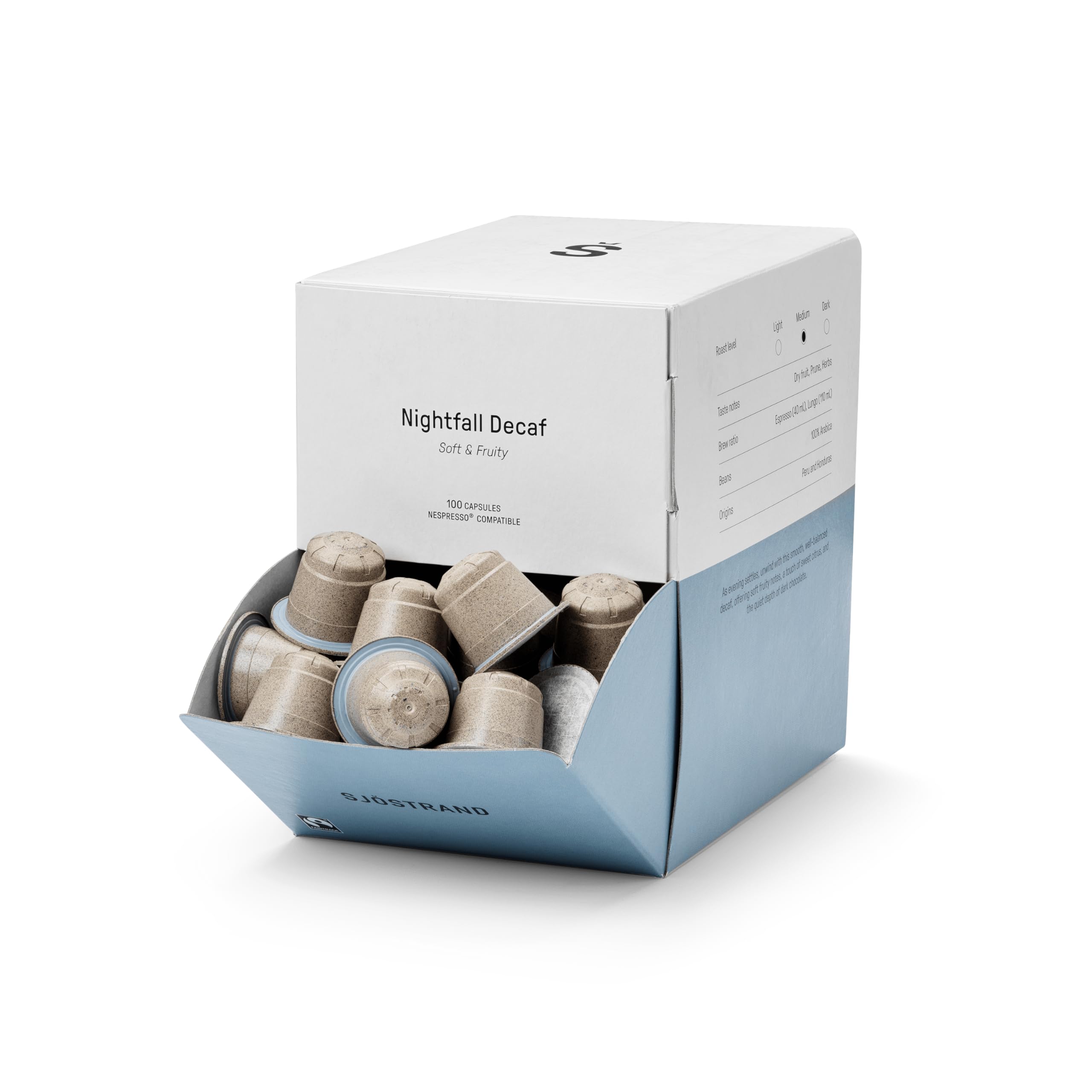 Sjöstrand Coffee Concept Nightfall Decaf – Organiczne kapsułki z kawą, kompatybilne z Nespresso, 100 kapsułek, kompostowalne, Fairtrade.