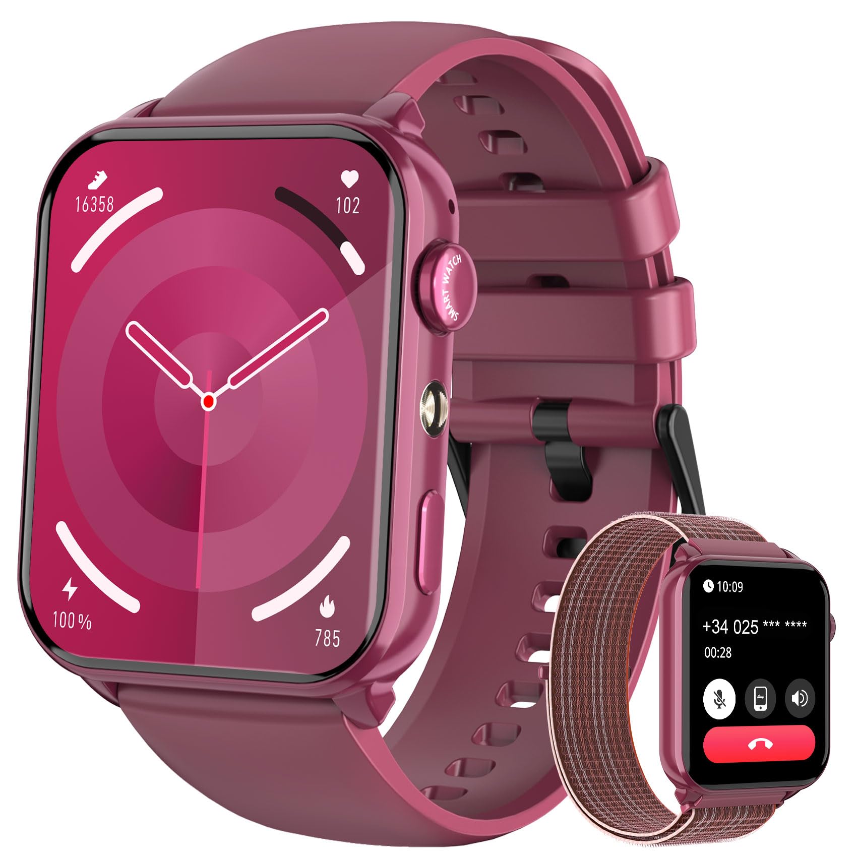 Women's Smart Watch, 48 cm Smartwatch with Flashlight and Bluetooth Calls, Smart Watch with 2 Straps, Notification, Pedometer, Heart Rate Monitor, Slim Design, IP68 Activity Bracelet for Android iOS ClimeCo Certified
