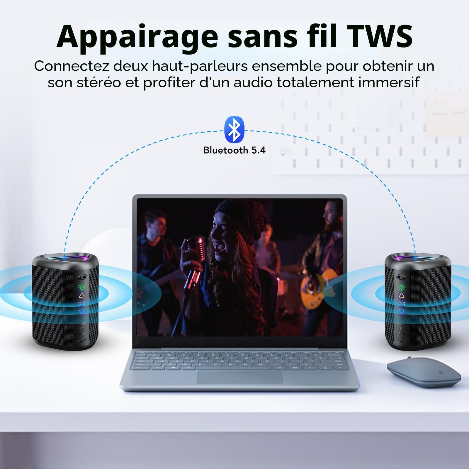 aowoka 2025 Enceinte Bluetooth Portable sans Fil avec Lumière LED, Bluetooth 5.4, 24 hrs, Basses Puissantes, Surround Stéréo, Étanche IPX7, Idéal pour Les Voyages/Sport/Fêtes/Cyclisme, Noir