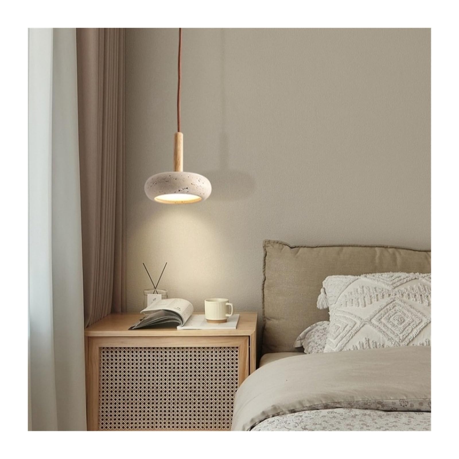 Generico Lampadario moderni, Japan Modern LED Pendant Lights Wood Handle Yellow Travertine Bedroom Dining Living Room Loft Cafe Hanging Lamp Luminaire
