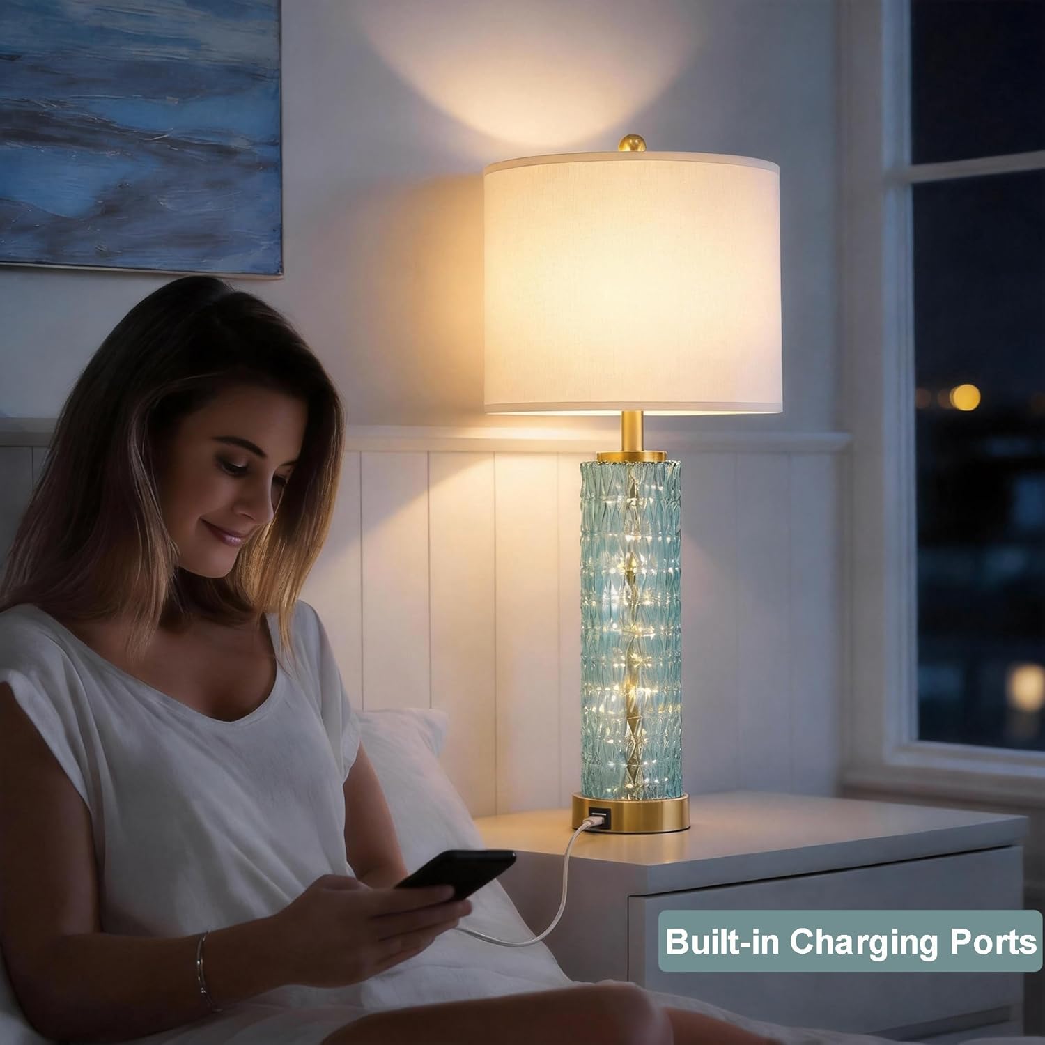 Oneach 27.75" Coastal Table Lamps Set of 2, Clear Blue Bedside Lamp with Glass Nightlight, USB A+C, Unique Desk Lamps for Living Room, Bedroom, Nightstand, End Table (2 Bulbs Included)