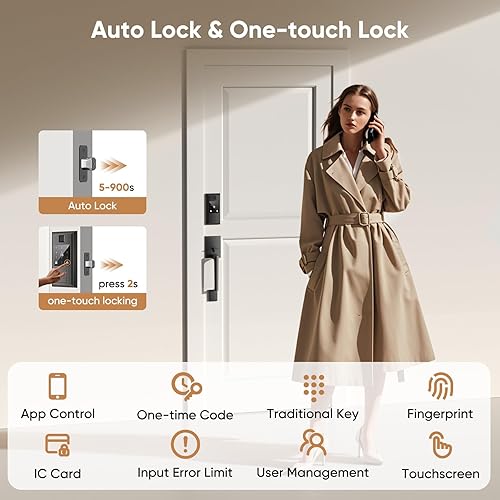 Miniatura 3 de Juego de cerradura inteligente de huellas dactilares y manija de puerta delantera, cerradura de puerta de entrada sin llave con asa, bloqueo