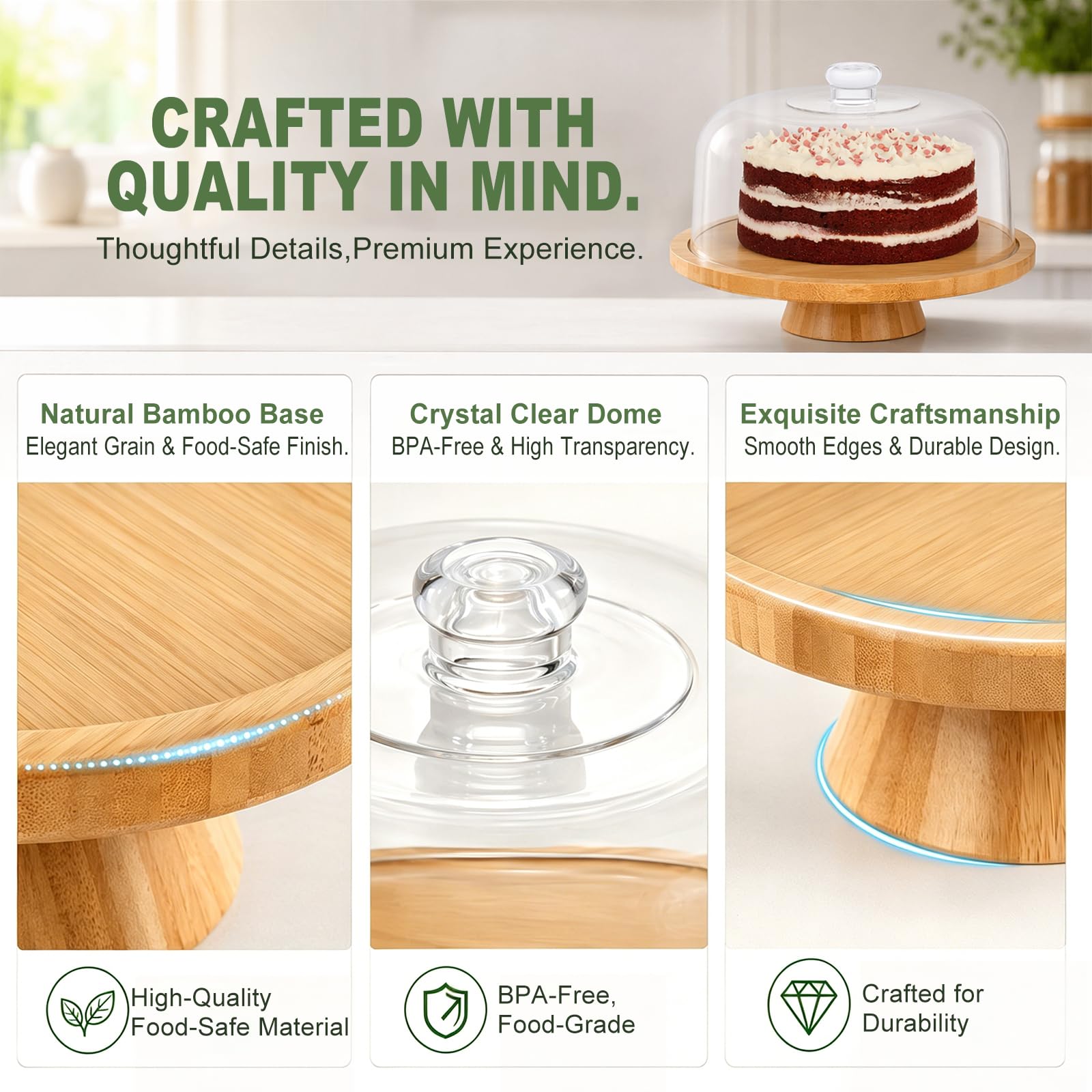 LOMUG Présentoir à gâteau 6 en 1 avec couvercle, plateau à gâteau en bambou avec support, cloche à gâteau polyvalente pour gâteaux, gâteaux, cupcakes et desserts