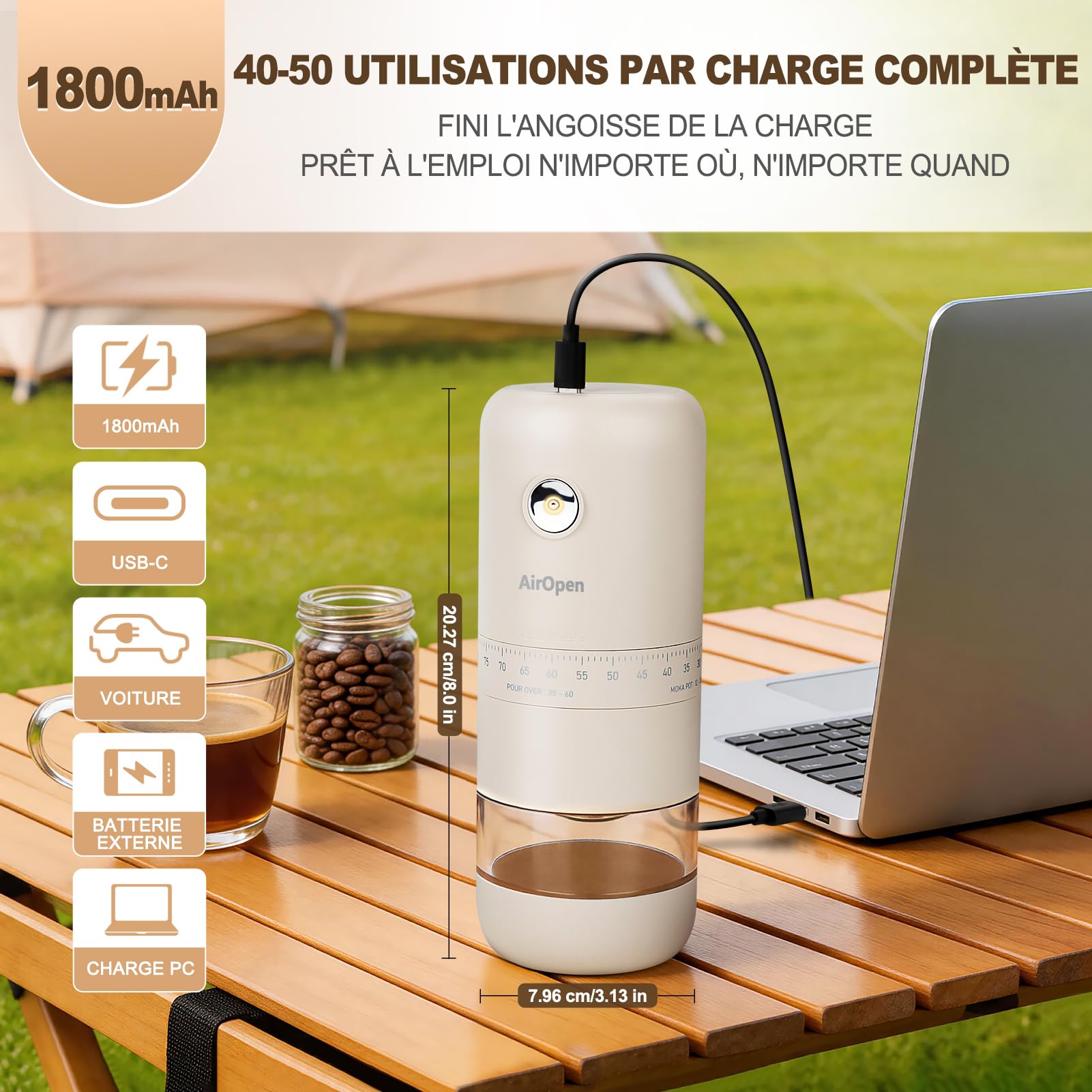 Moulin à café électrique portable, meules coniques en acier inoxydable, 100 réglages externes Espresso – Cold Brew, batterie rechargeable USB-C, capacité 30 g, pour maison, bureau et voyages