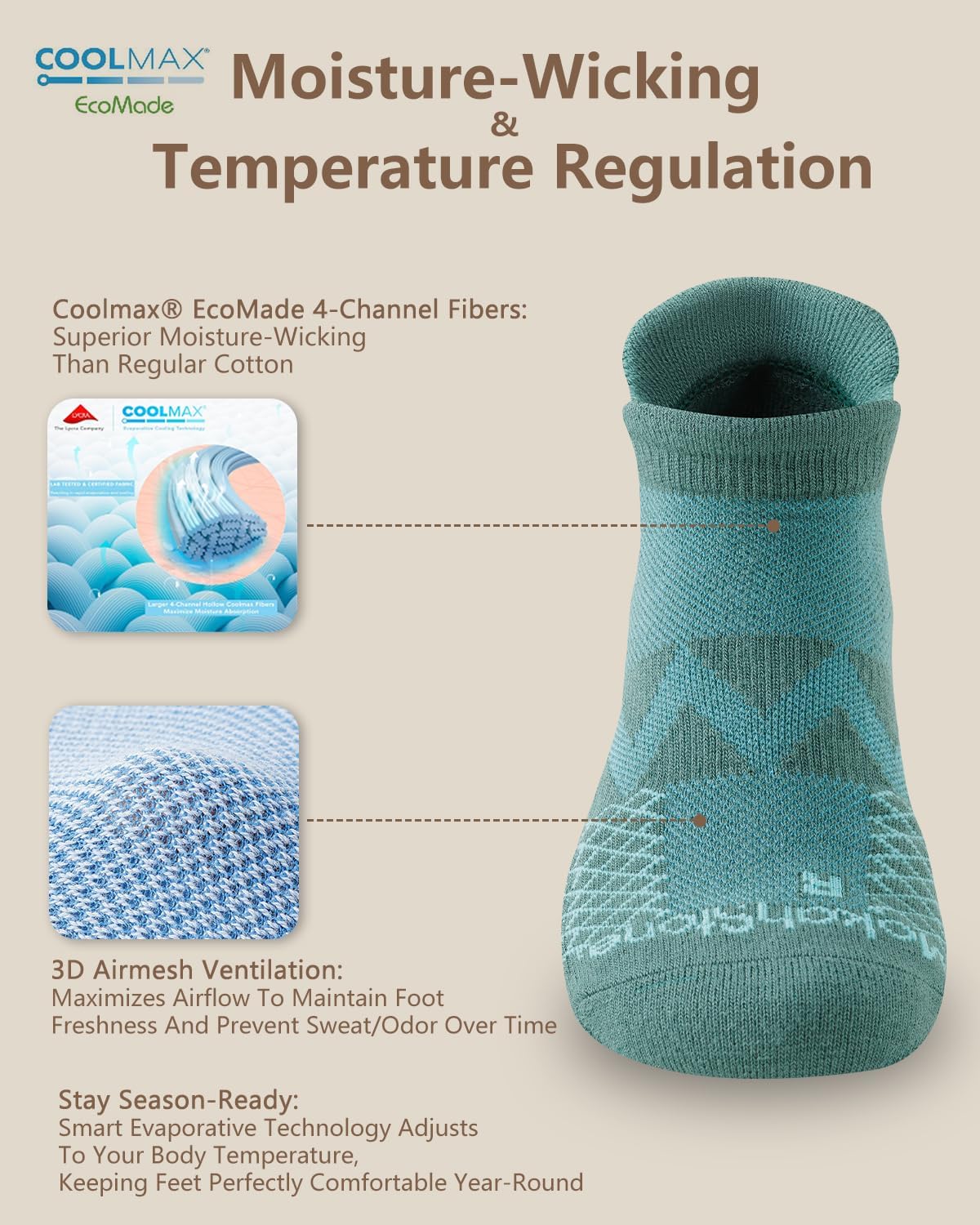 Diabetic Ankle Socks for Men Women, COOLMAX LYCRA Moisture-Wicking Non-Binding Cushioned Neuropathy Sock, 3 Pairs - Image 3