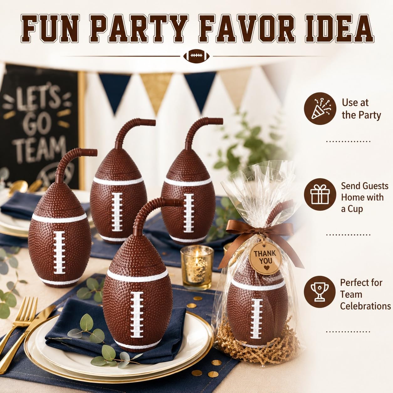 NINU 12 Pack Football Cups with Lids and Straws, 11 oz Party Favors