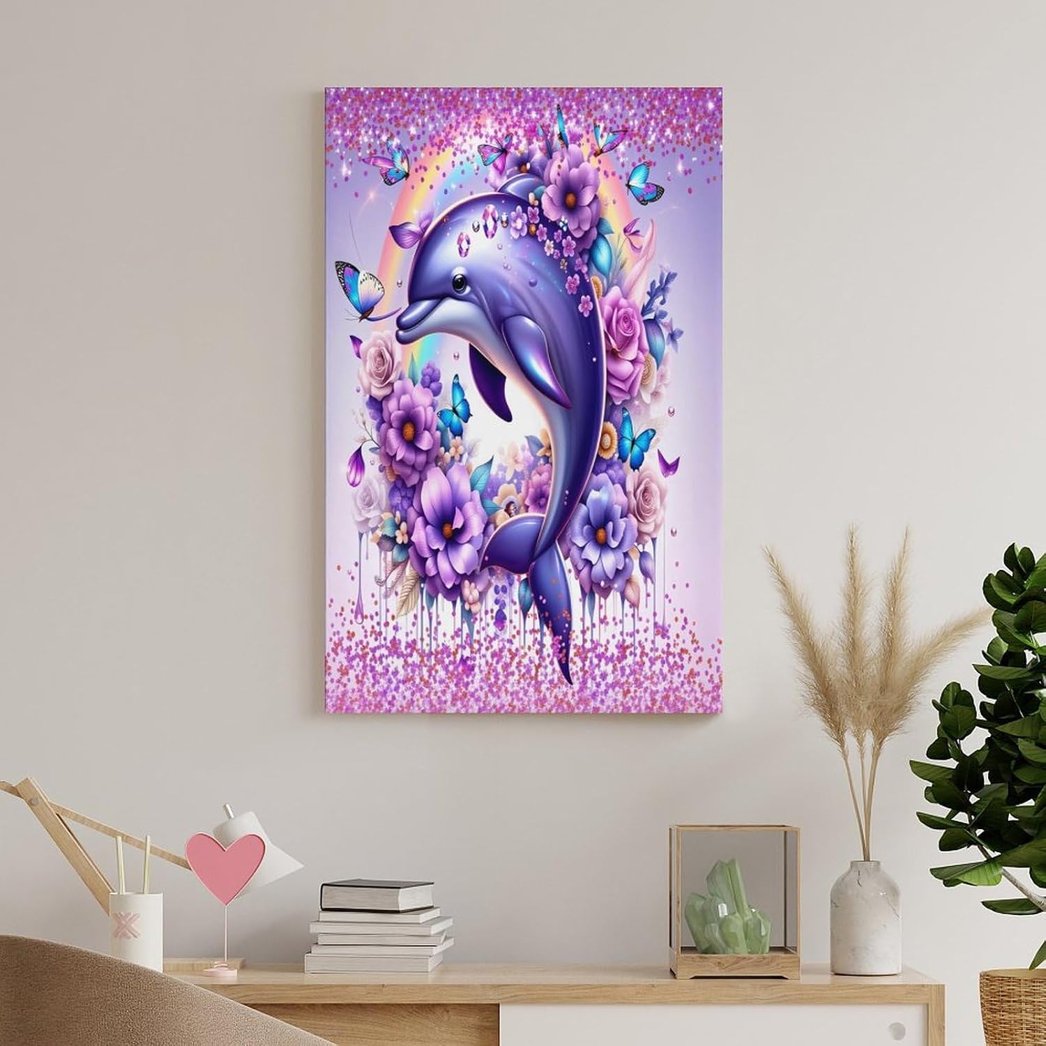 WAVMKSL Purple Dolphin Butterfly Floral Wall Art Painting Canvas Wall Poster Ready To Hang Decor for Bedroom Living Room 12X18 Inch