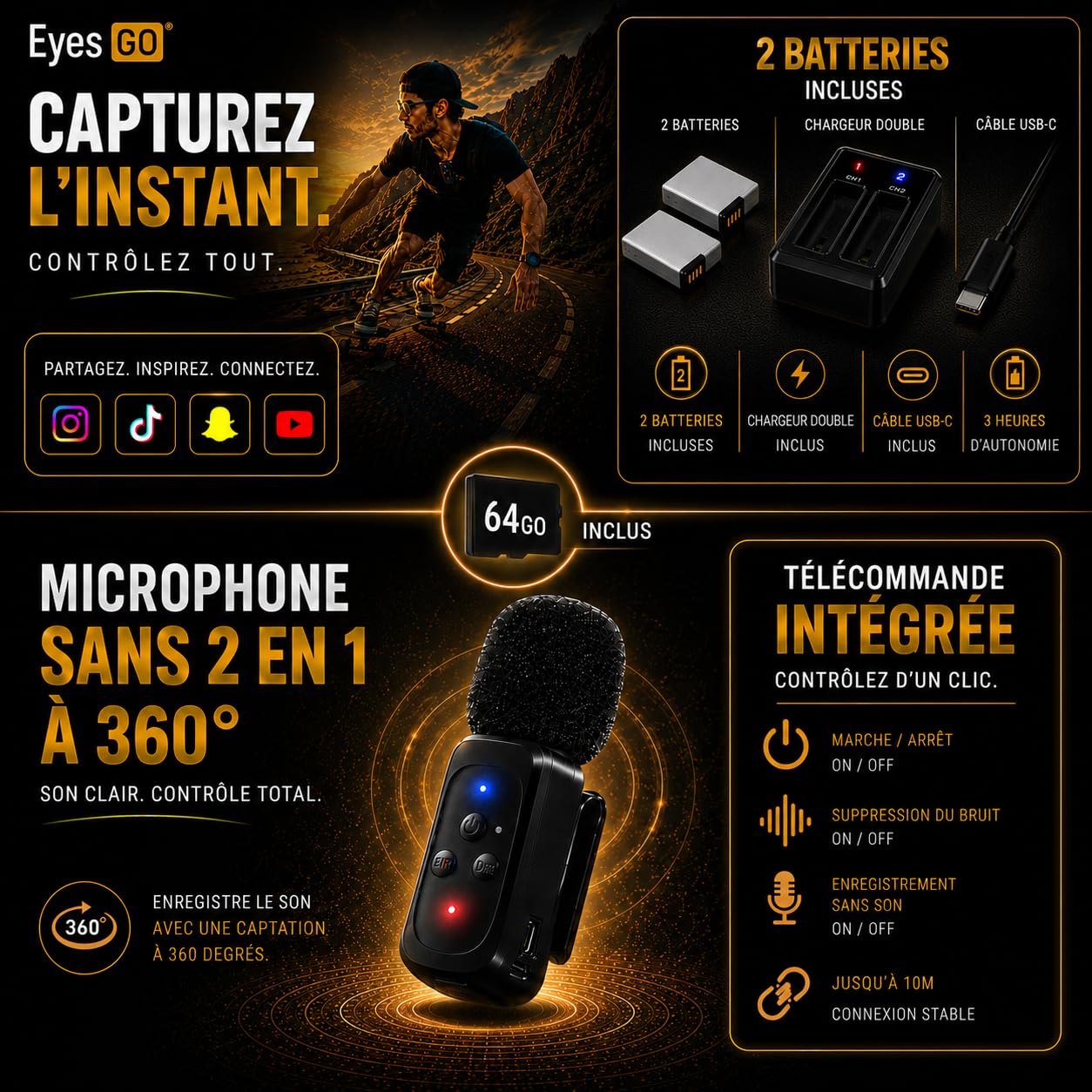 5K26 - Caméra Sport 5K30fps 4K60FPS 120FPS - 31 Accessoires - Photo 50MP - 2 Ecrans Tactile Vlog - Télécommande Micro 360° - Stabilisateur E.I.S 2.0 Étanche 30M - Carte SDXC 64GO - 2X1350mAh