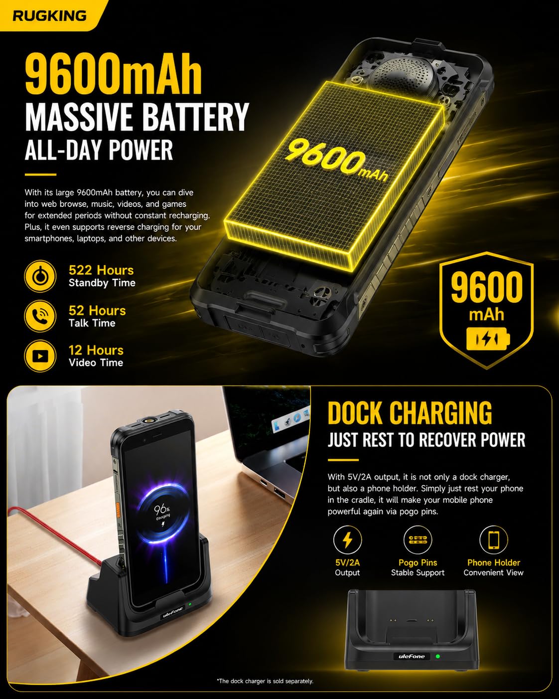 RugKing Téléphone incassable 2026,Batterie 9600 mAh, Étanche IP68, 16Go+128Go/SD-2To Smartphone 5,99" HD+, Caméra AI 50 MP IP69K, Android 15, 126dB Haut-Parleurs, 4G Double SIM, Connecteur uSmart