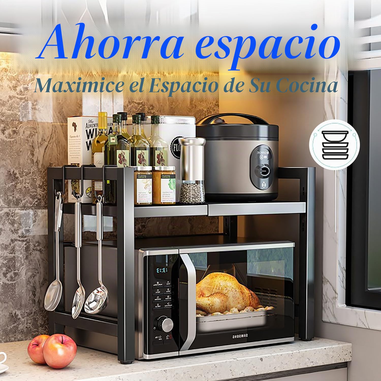 Estantería ajustable para microondas, 2 niveles, extensible de 40 a 60 cm, con 6 ganchos, para encimera, panadería, organizador de cocina (gris)