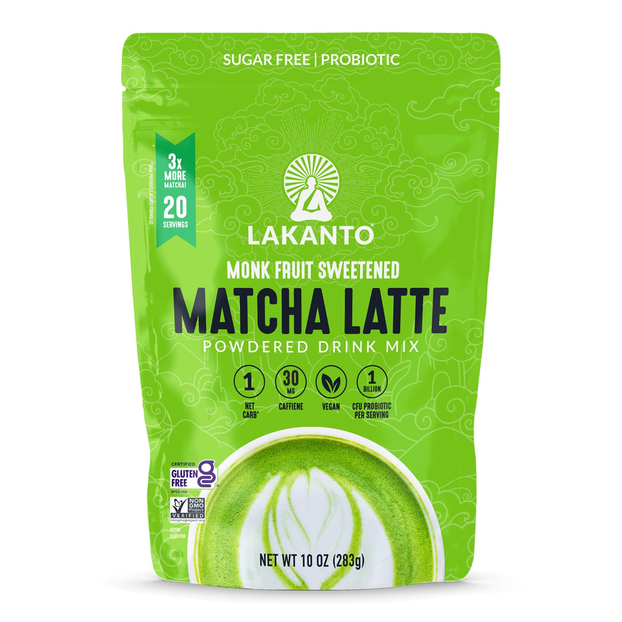 LakantoSugar Free Matcha Latte - Green Tea Powder with Shelf Stable Probiotics and Fiber, Sugar Free, Monk Fruit Sweetener, Keto Diet Friendly, Vegan, Detox, Destress, Antioxidants, Authentic (10 Oz)