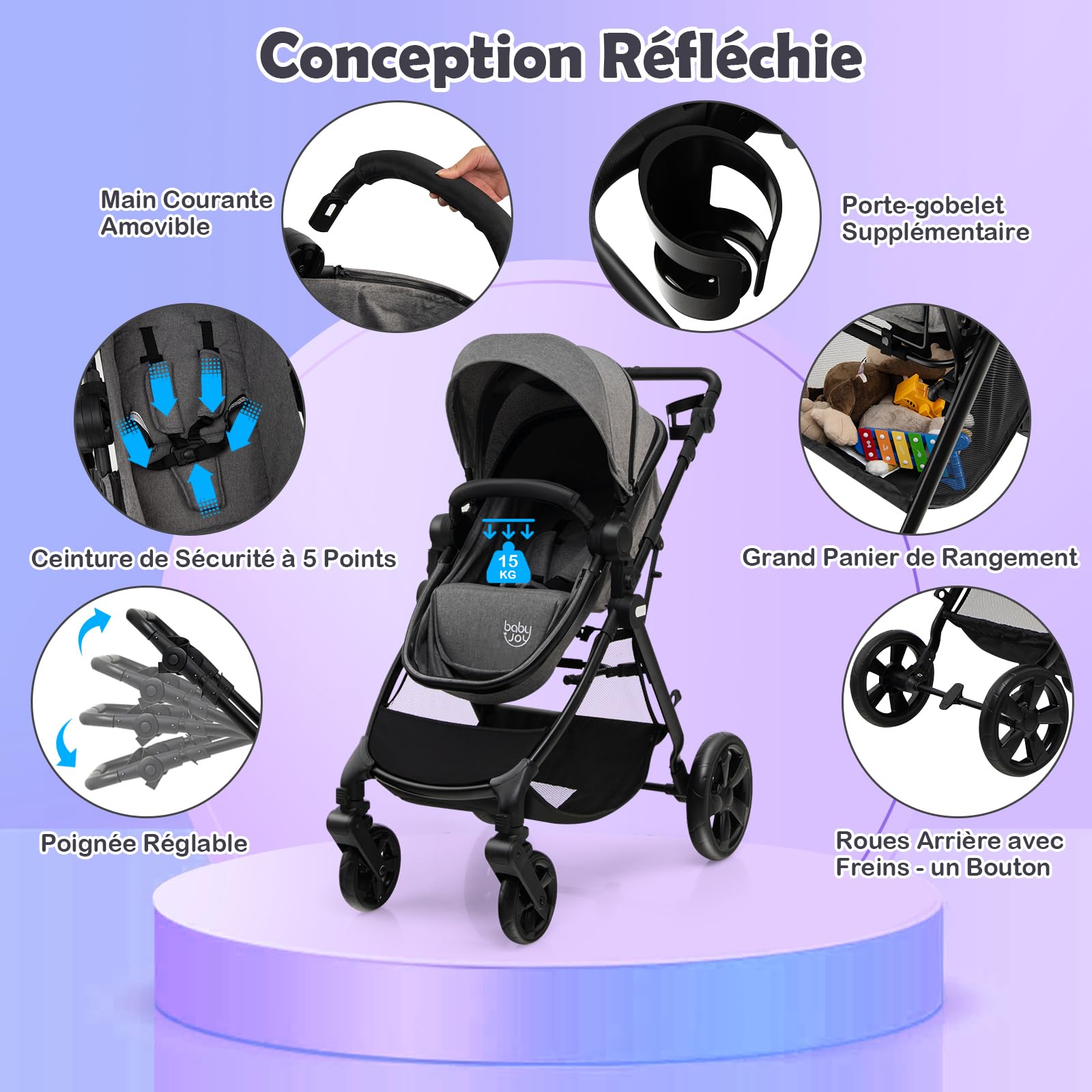 COSTWAY 2 en 1 Poussette Canne Bébé 6-36 Mois avec Auvent & Dossier Réglable, Poussette Haute Paysage Légère avec Siège Réversible, Roues avec Frein, Pliable à une Main, Charge 15kg