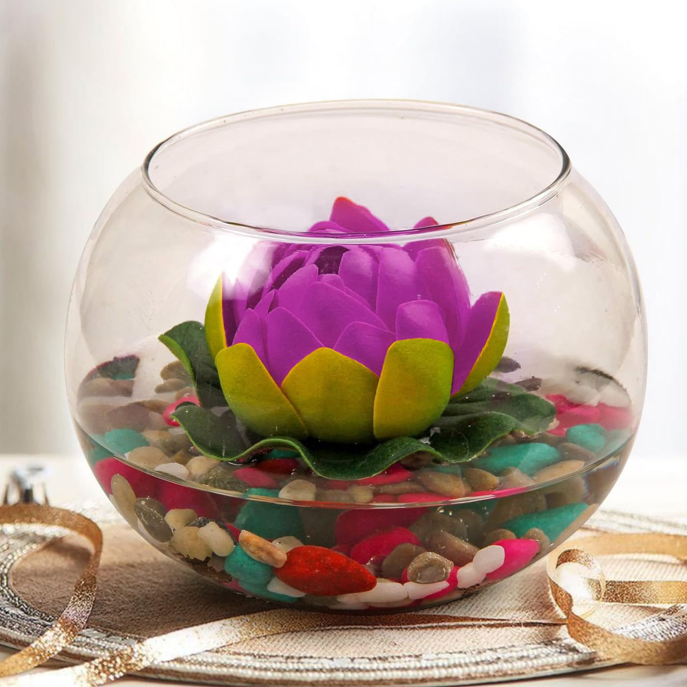 TIED RIBBONS Glass Vase for Decoration Round Glass Vessel with Faux Lotus and Natural Stones Artificial Decorative Flowers with Vase for Home Decor Living Room Bedroom Hall Office