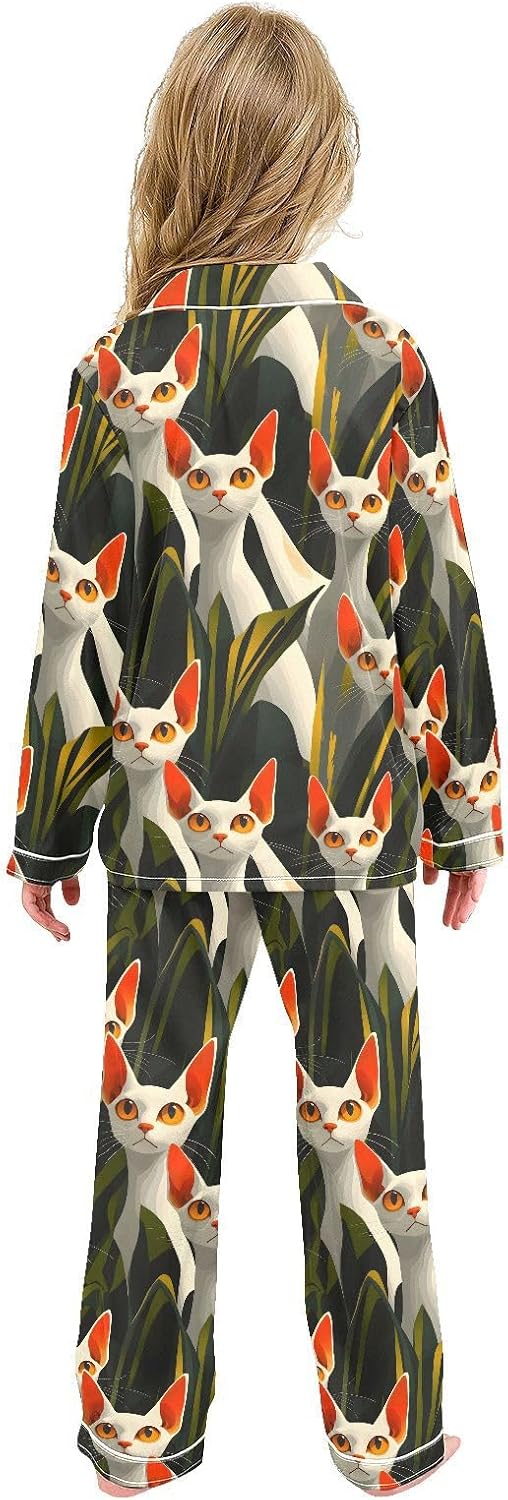 senya Orange Cat Cute Satin Pajama Sets Long Sleeves Nightwear Button Down Sleepwear