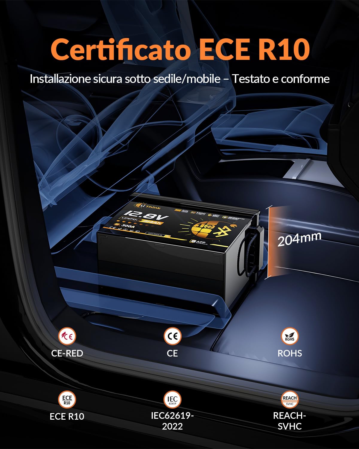 Batteria Litio LiFePO4 12V 314Ah Mini Pro con Bluetooth, Certificata ECE R10, BMS Integrato da 300A, Protezione a Bassa Temperatura, Perfetta per RV, Impianti Solari, Barche, Motori Trolling