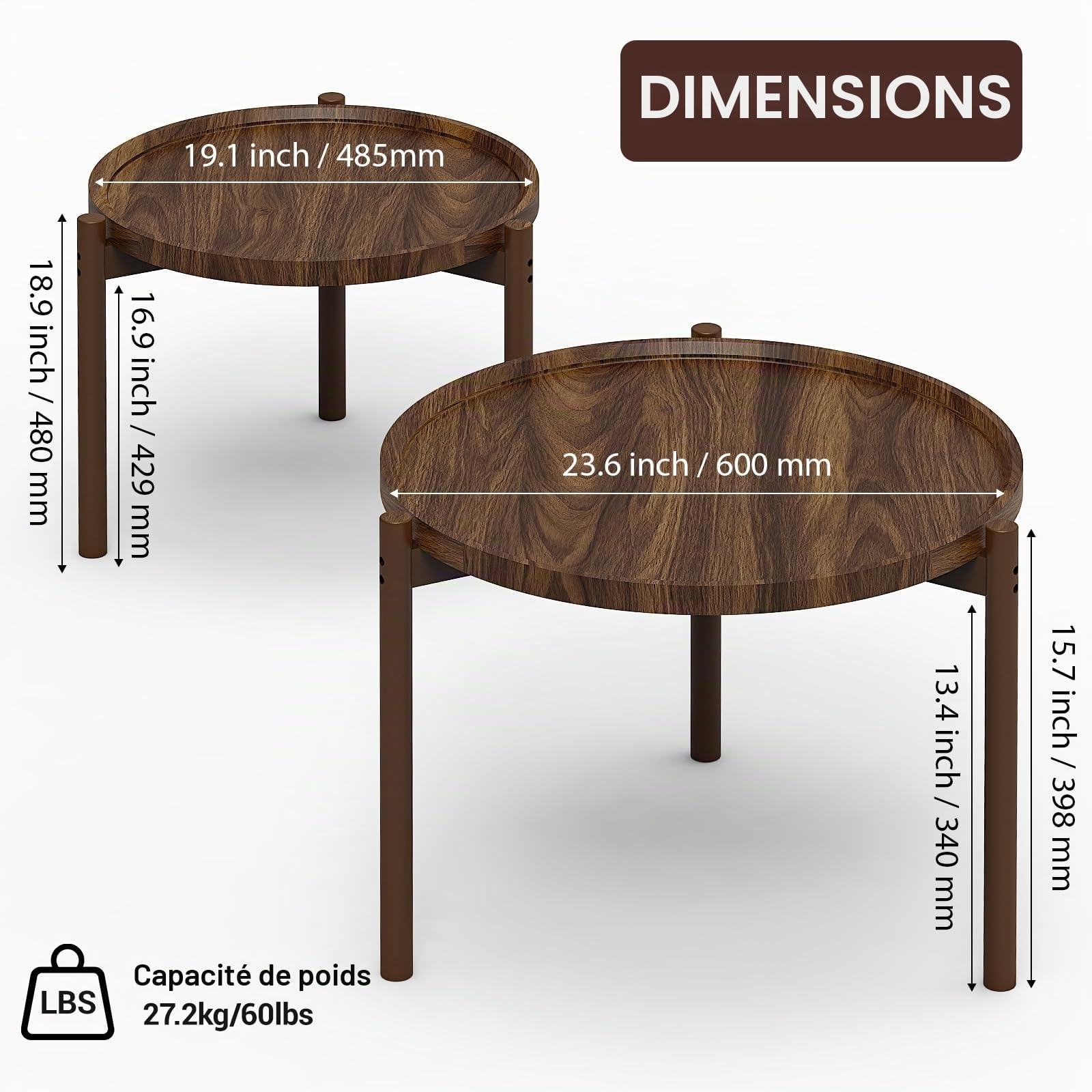 Lot de 2 tables basses rondes gigognes pour salon, chambre à coucher, balcon