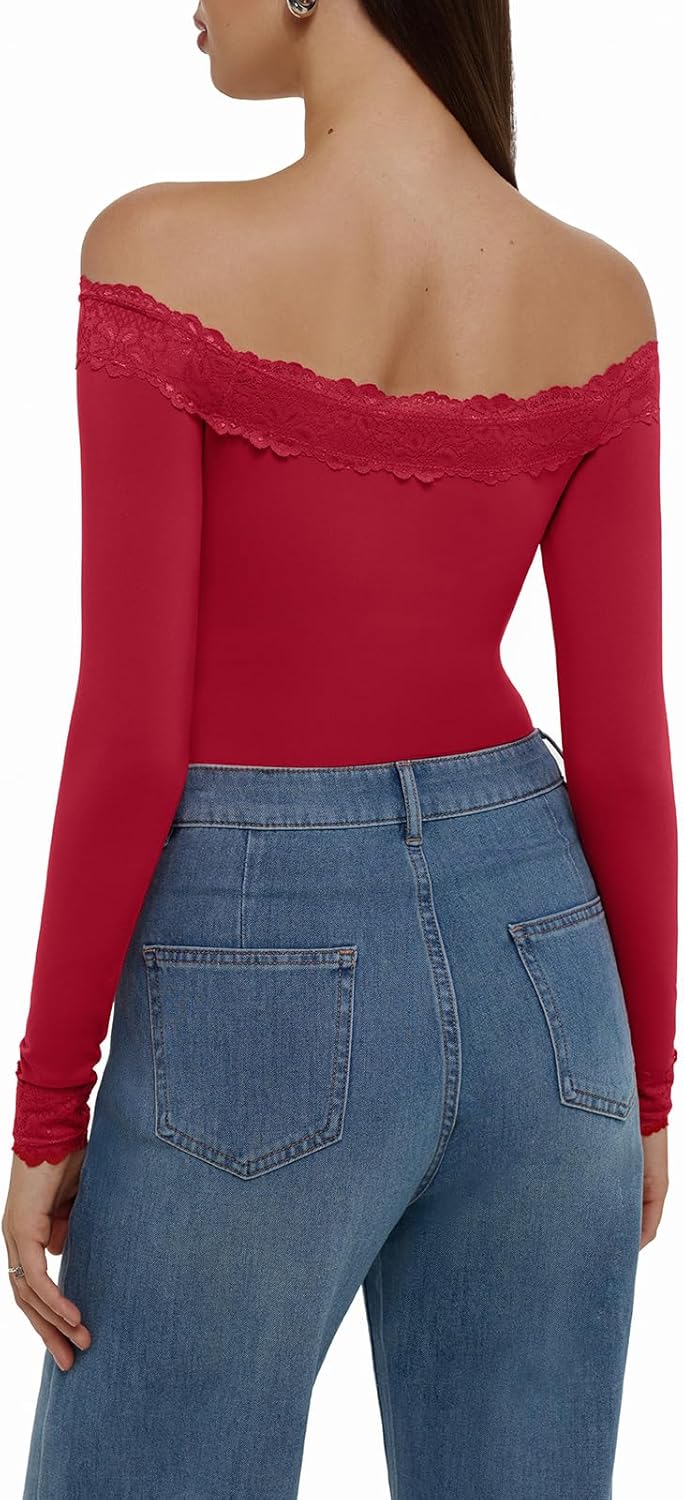 REORIA Women's Sexy Off The Shoulder Long Sleeve Bodysuit Lace Body Suits Going Out Tops Fall Outfit 2025 - Image 2
