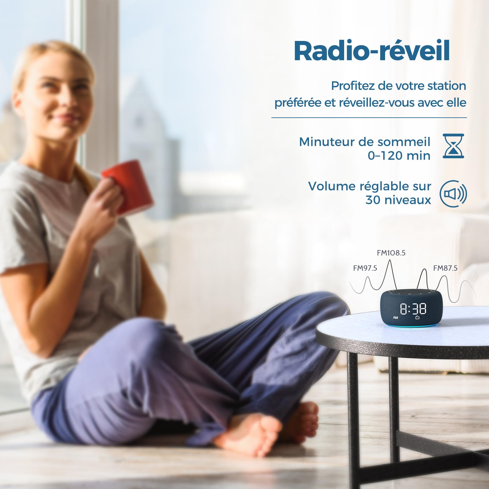 BUFFBEE Radio-réveil pour la Chambre - Son de Haute qualité pour la Radio, veilleuse 7 Couleurs, Affichage Complet avec variateur d'intensité pour la Table de Nuit (Bleu Marine)