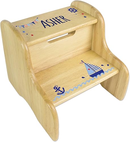 Taburete infantil personalizado en madera natural para veleros náuticos, cuarto del bebé, dormitorio