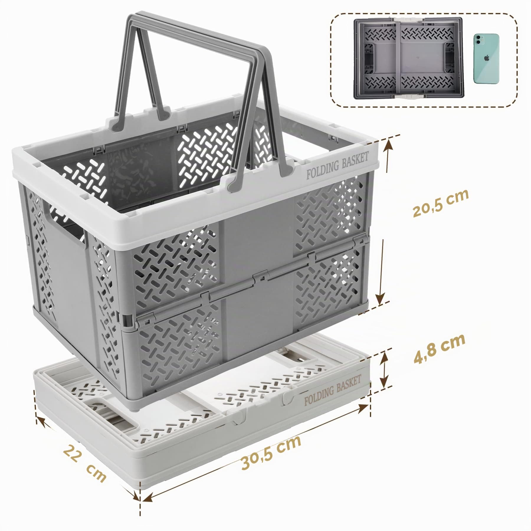 Spesh Lot de 2 Caisse en Plastique Pliable avec Poignée Cagette Rangement Pliant Caisse Pliante Panier Rangement Pliable pour Cuisine, Chambre, Salon(Blanc + Gris Blanc)