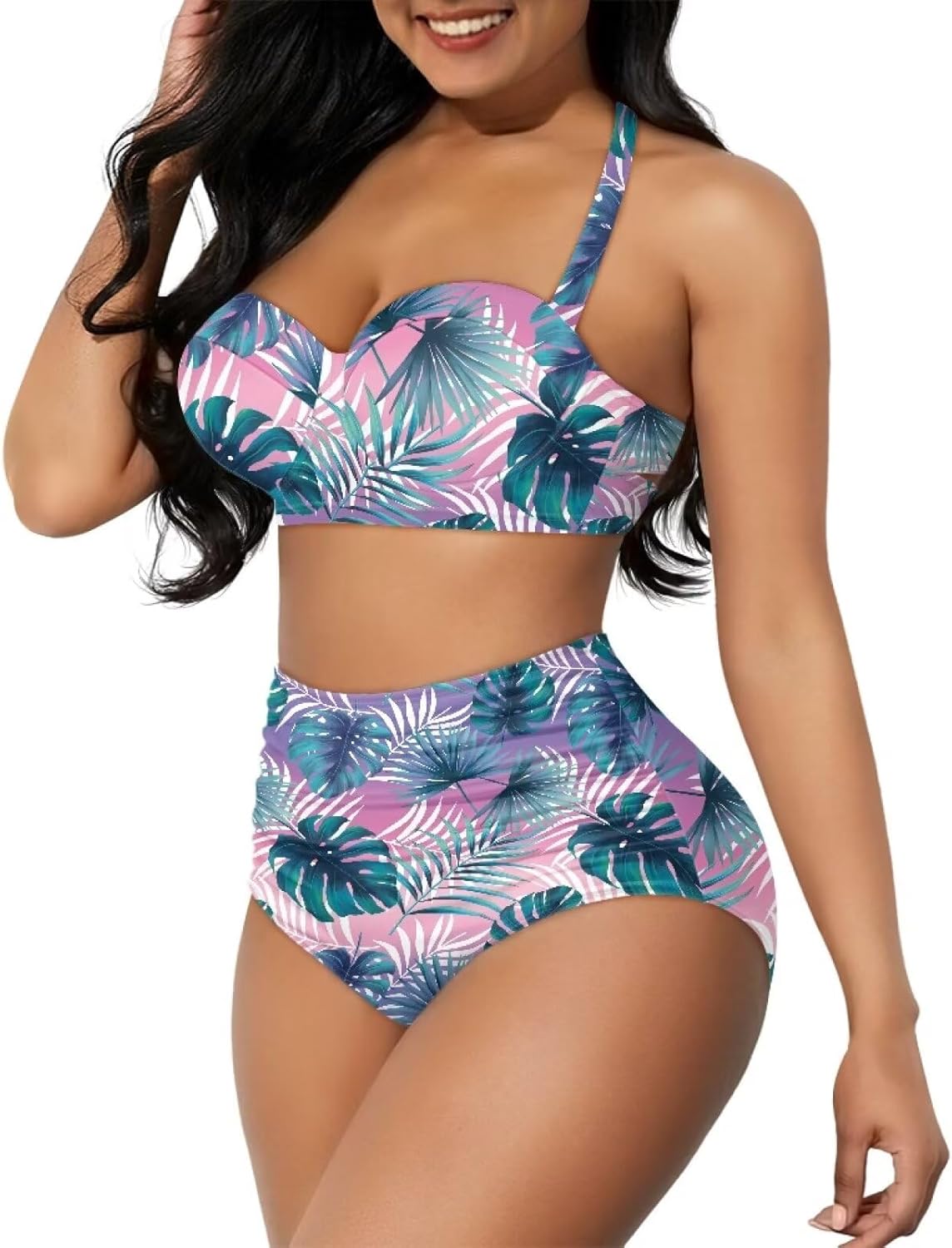 Suobstales High Waisted Bikinis Set for Women Two Piece Swimsuits V Neck Bathing Suit Tummy Control Beachwear Swimwear