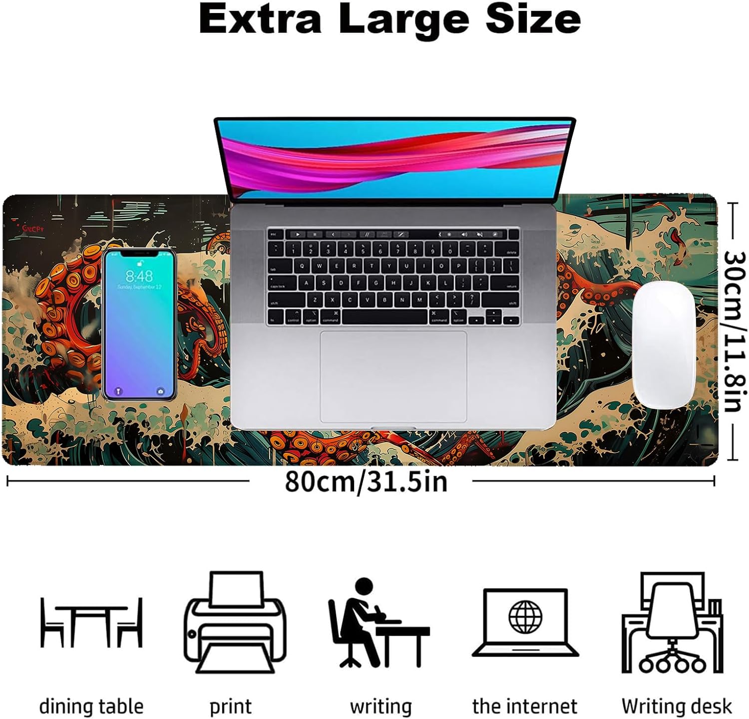 Octopus Gaming Mouse Pad, Office Desk Mat, Anti-Slip Rubber Base Cool Aesthetic Mouse Pads for Computer Laptop Keyboard School Home Desktop Gamer Home Accessories Decor 31.5" x 11.8"