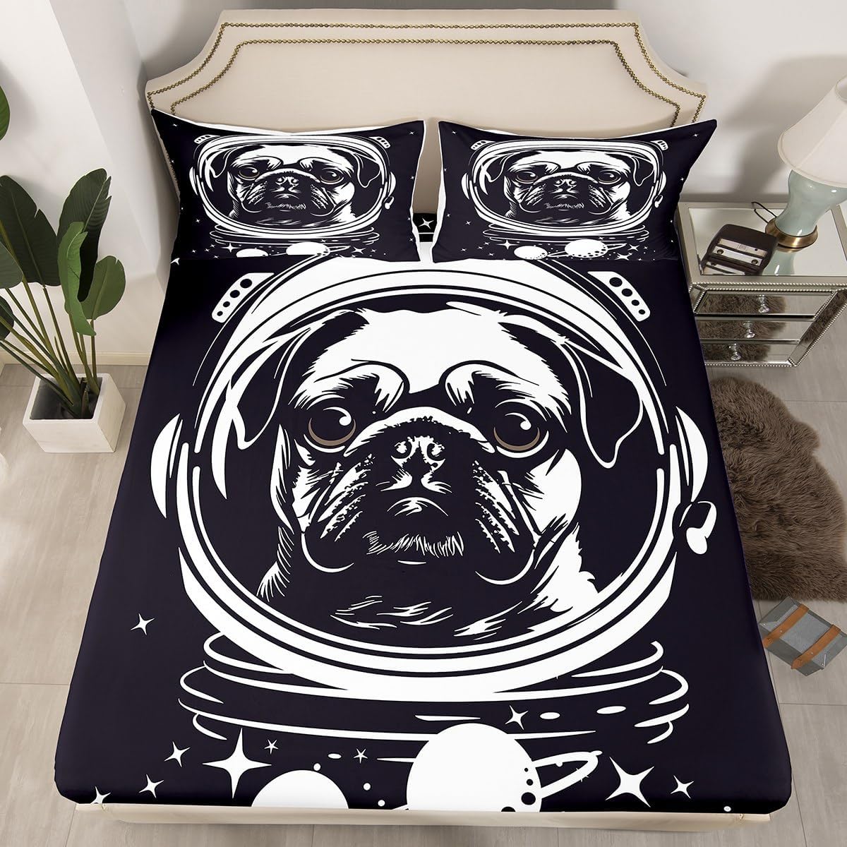 Erosebridal Space Dog Sheet Set Astronaut Pug Bedding Set Full Size for Kids Boys Girls Children Funny Puppy Fitted Sheet Starry Sky Galaxy Bed Cover 3 Pieces with 2 Pillow Cases