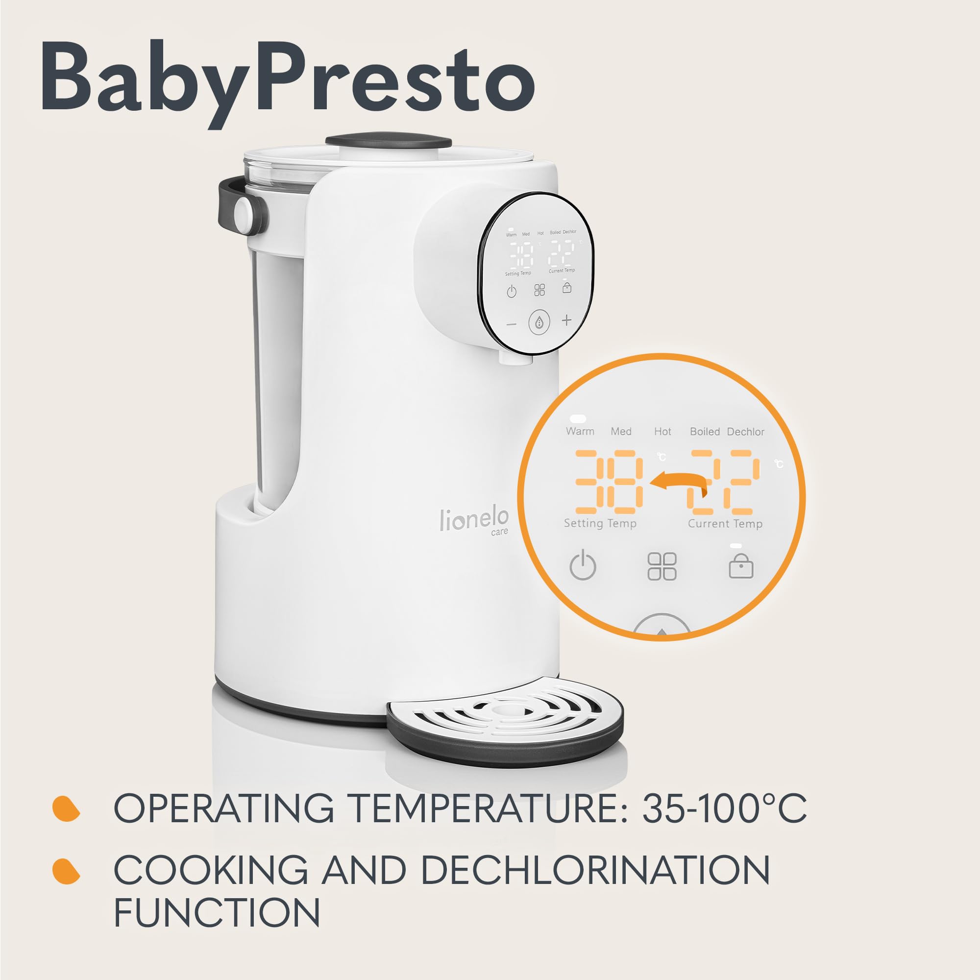 LIONELO BABYPRESTO Scaldal biberon. Bollitore Elettrico per Acqua 2 Litri Potenza 1000 W, Temperatura di Esercizio 35°-100°, Mantiene il Calore 24 ore Dosaggio Acqua 30-300 ml, Declorazione