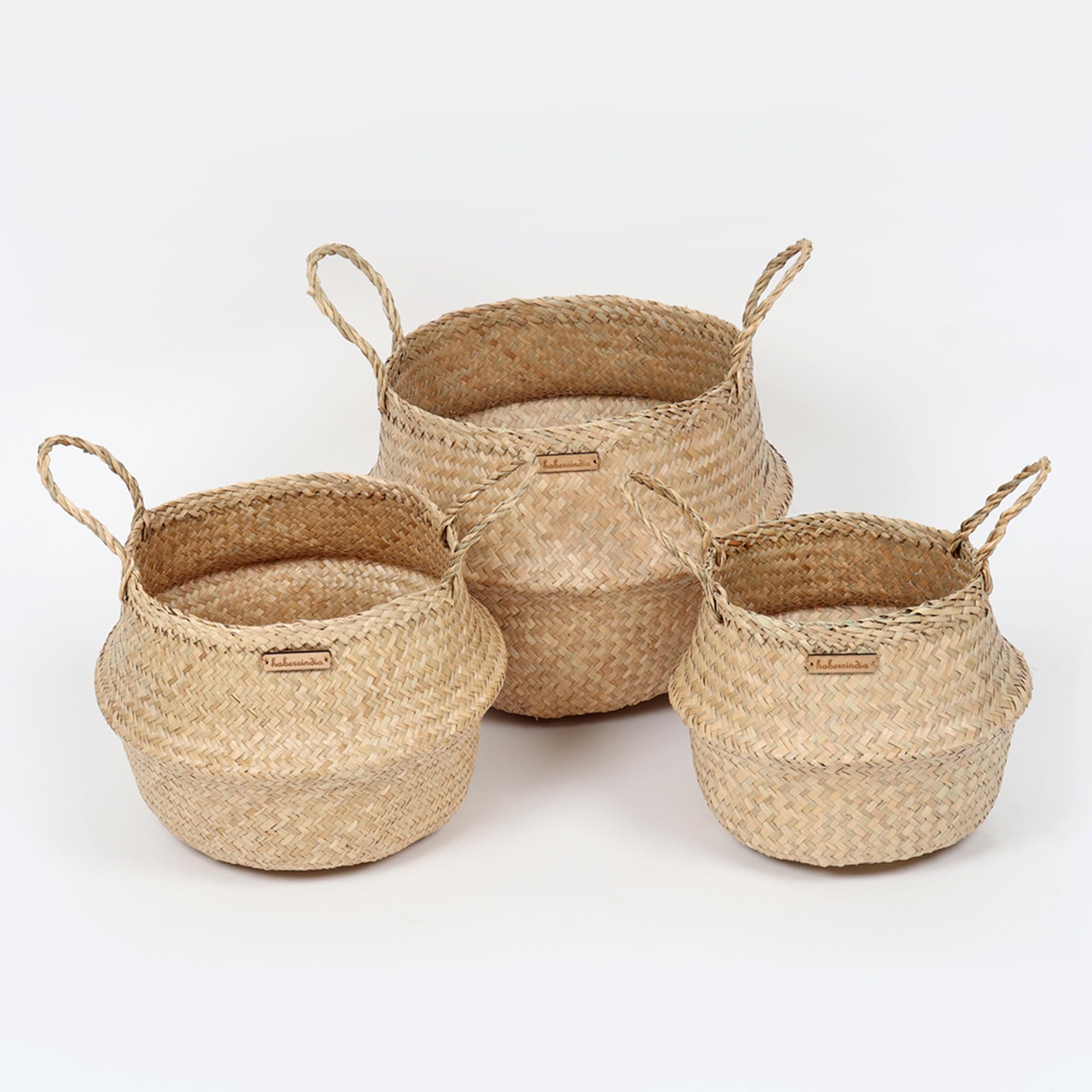 Habere India-All the Cultures Fabricating India Wicker Basket for Plants | Baskets Home Décor | Bamboo Storage Baskets | Toy Organiser | Seagrass Belly Basket - Round; Beige (Set of 3 - S; M; L)-picture-17