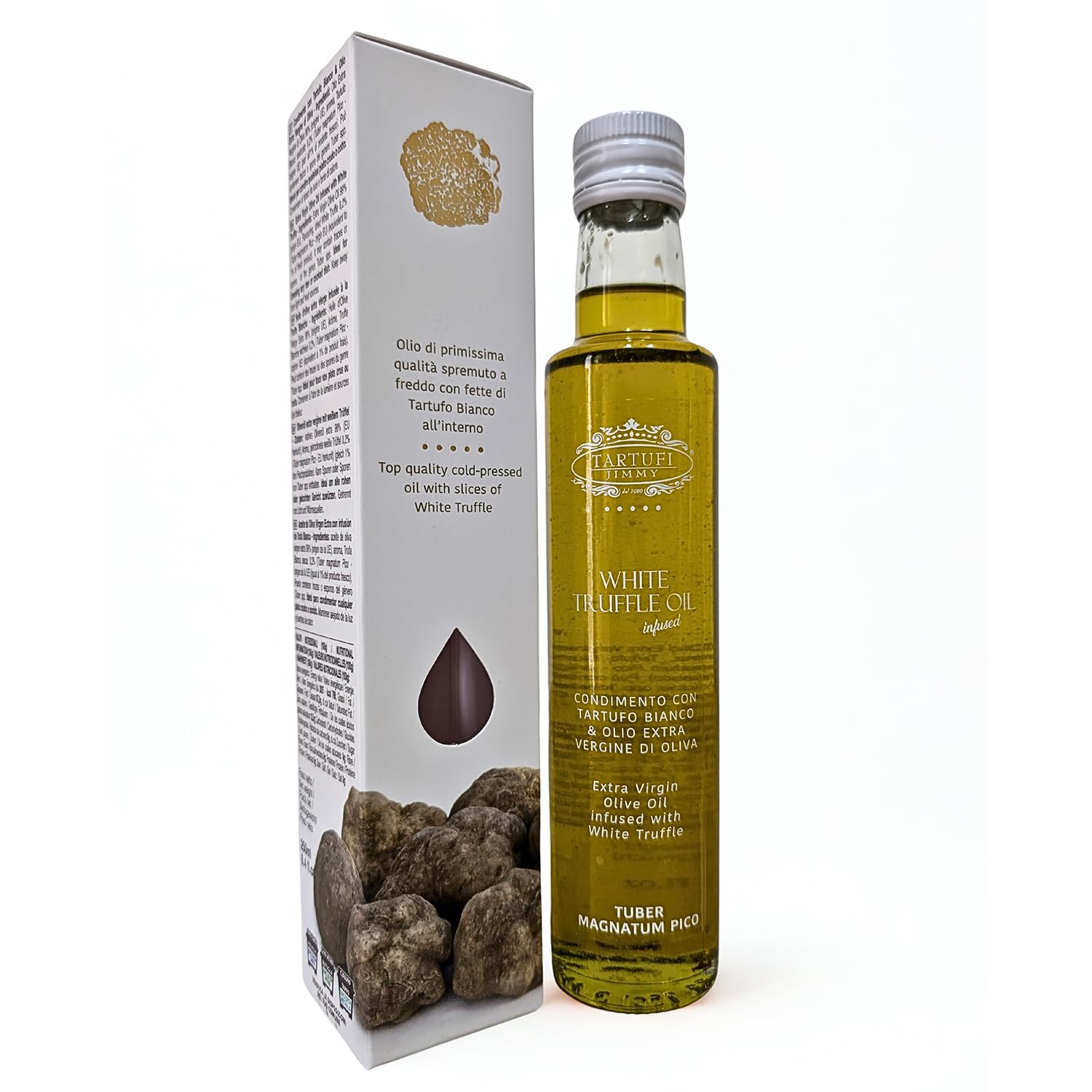 Huile d’Olive Extra Vierge à la Truffe Blanche avec Coffret - 250ml | Condiment Gourmet avec Truffe en Tranches | Fabriqué en Italie